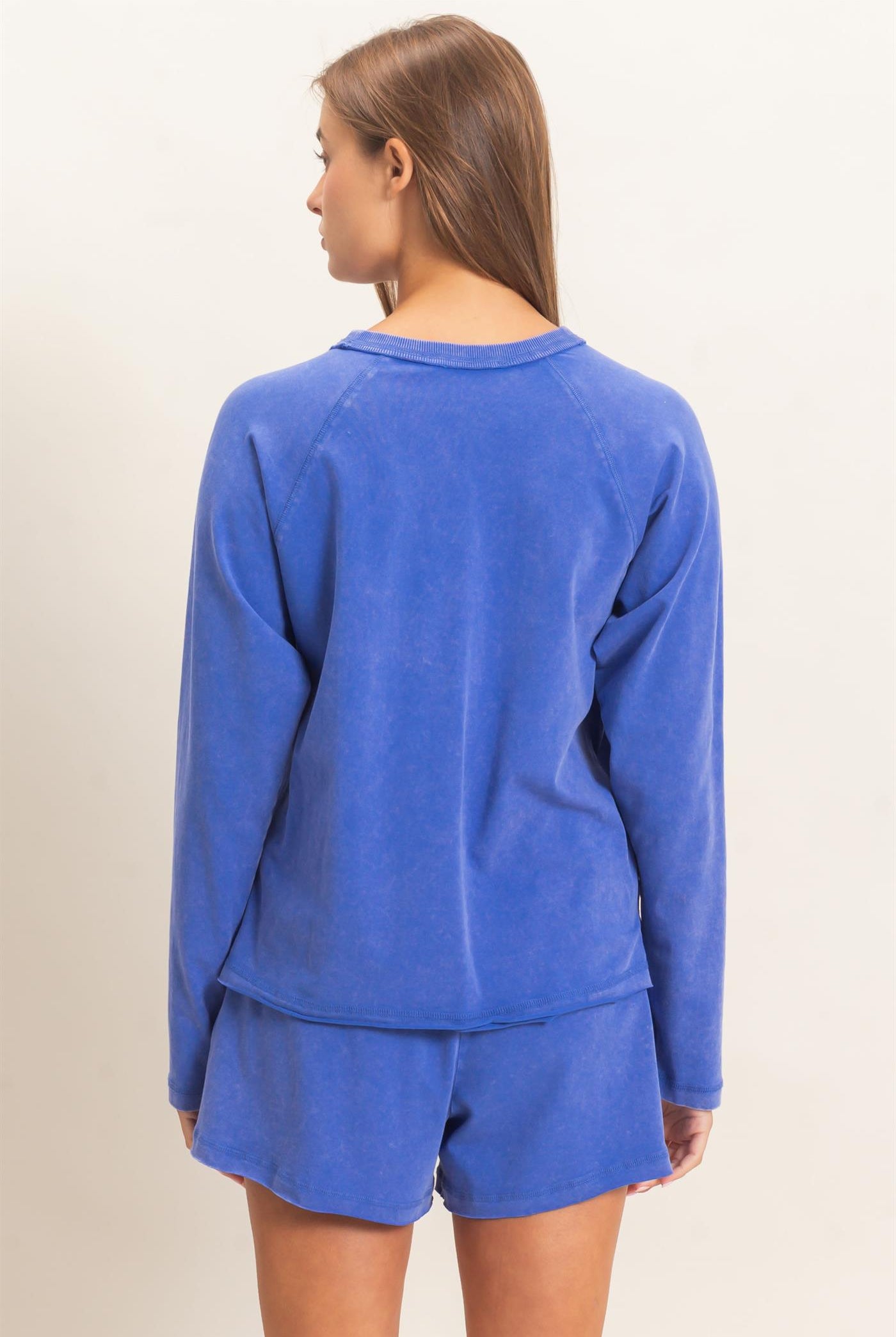 Wholesale Mineral Wash Long Sleeve Raw Edge Top & Shorts Set Clothing DZ26F403-SET COBALT DOUBLE ZERO