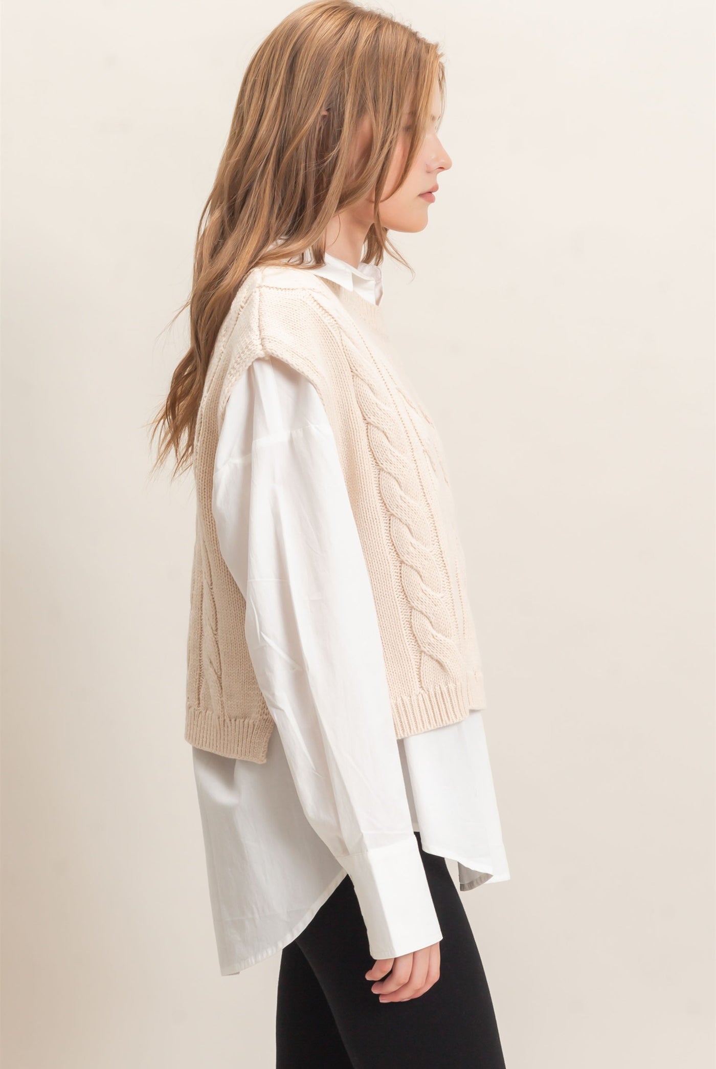Wholesale Cable Knit Vest With Side Buttons Sweaters HF26F193 CREAM HYFVE
