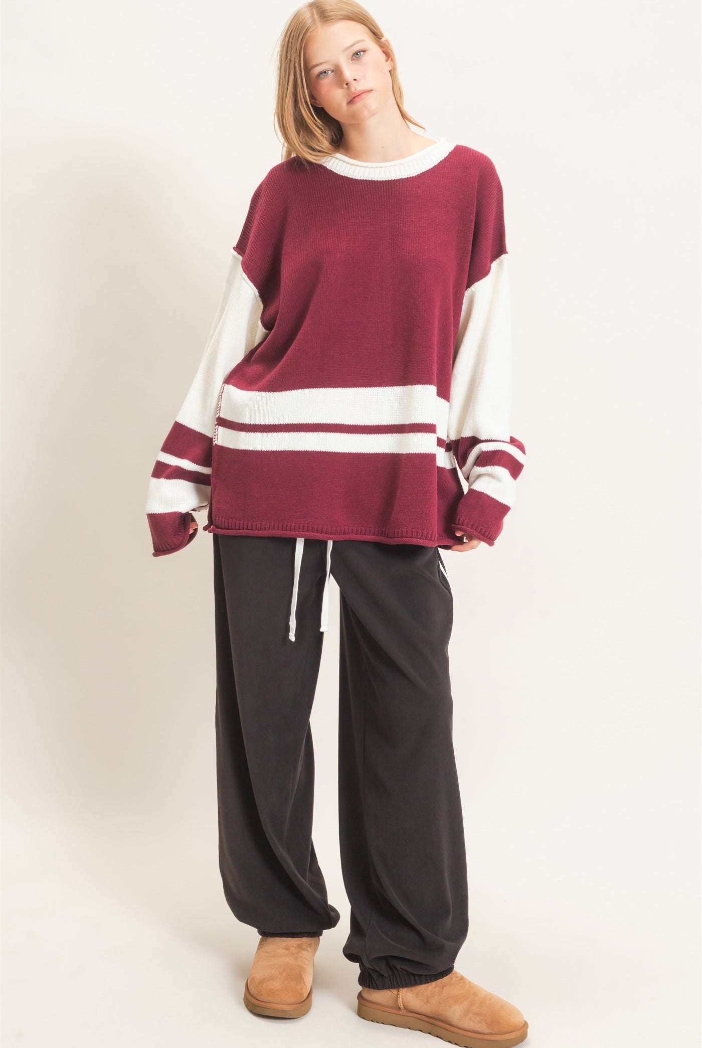 Wholesale Striped Crew Neck Sweater Sweaters HF26E793 CRANBERRY HYFVE