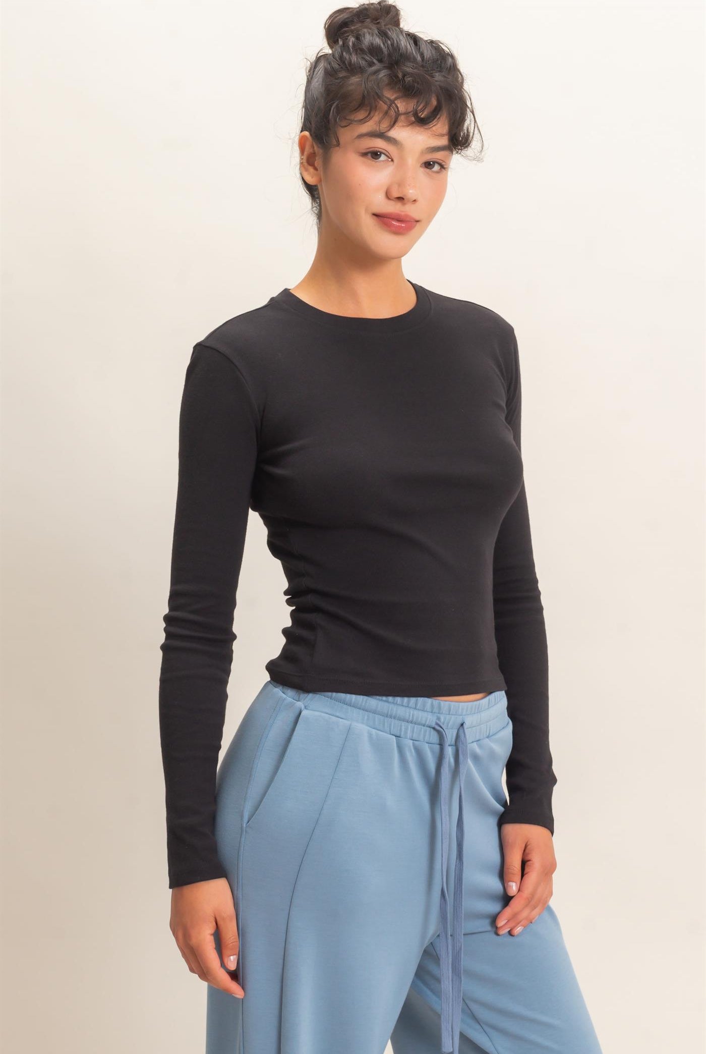 Wholesale Crew Neck Long Sleeve Top Clothing Tops DZ26E184 BLACK DOUBLE ZERO