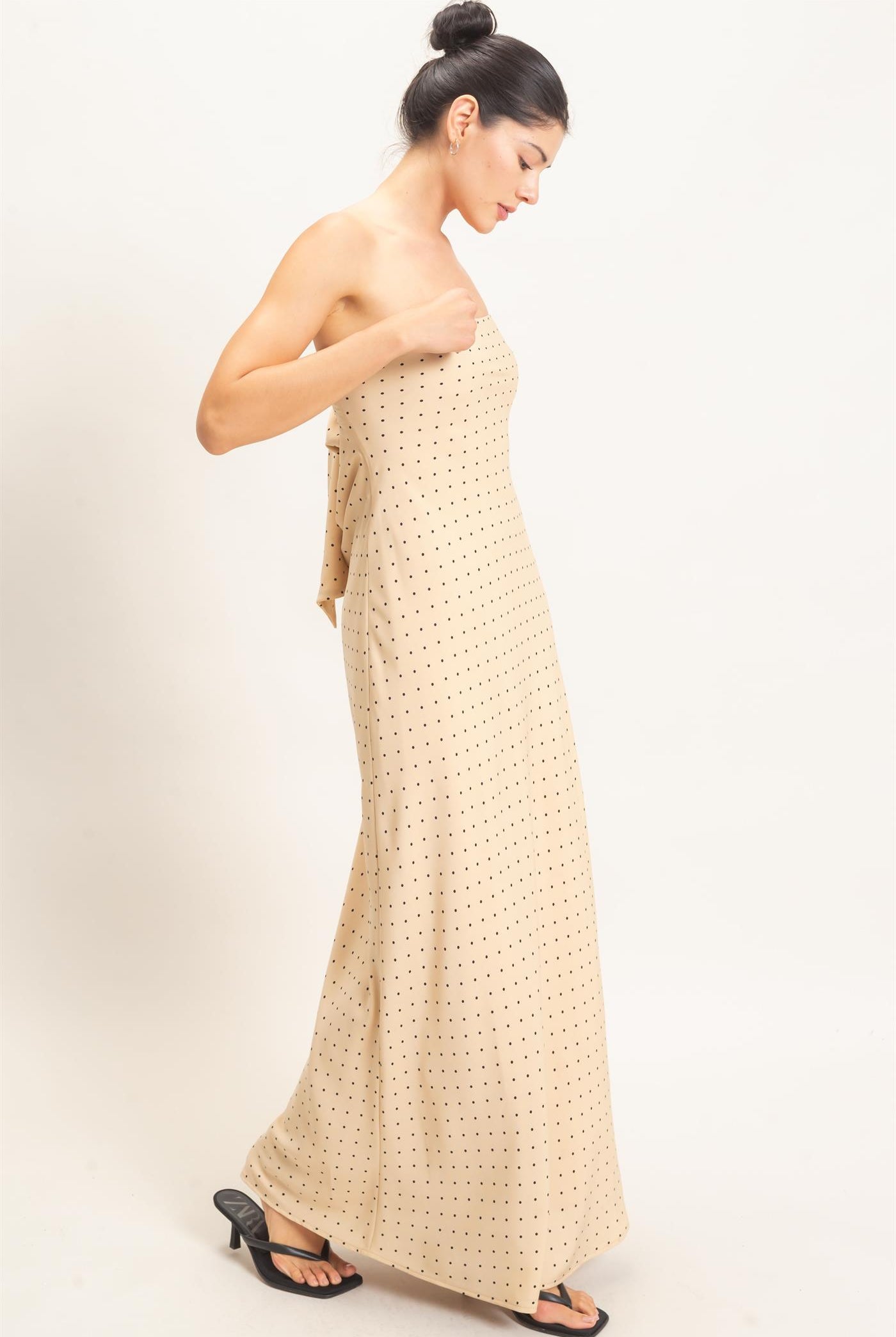 Wholesale Strapless Polka Dot Maxi Dress Dresses HF26E845 BEIGE HYFVE