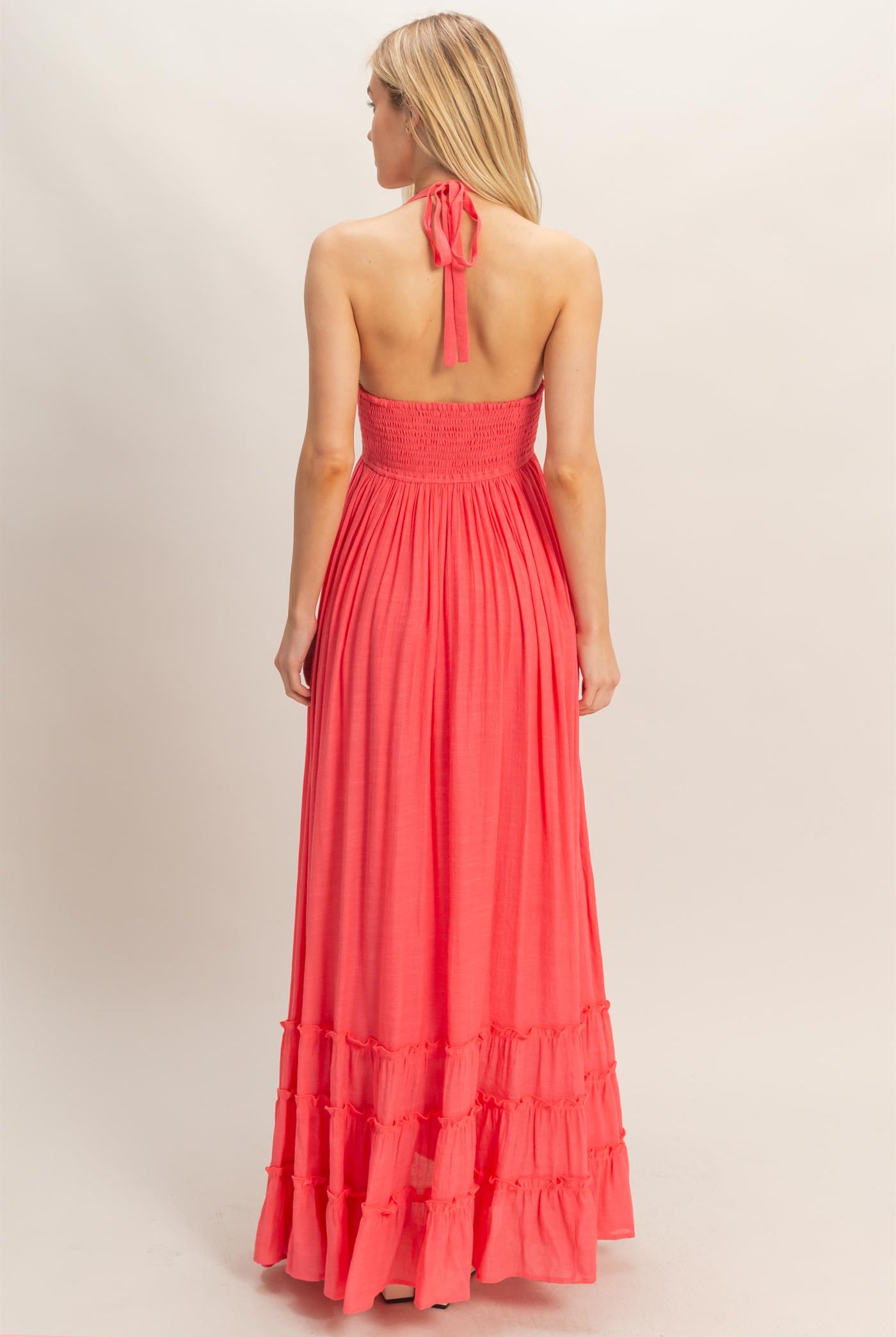 Wholesale Halter Neck Smocked Maxi Dress Dresses HF26C287-D CORAL RED HYFVE
