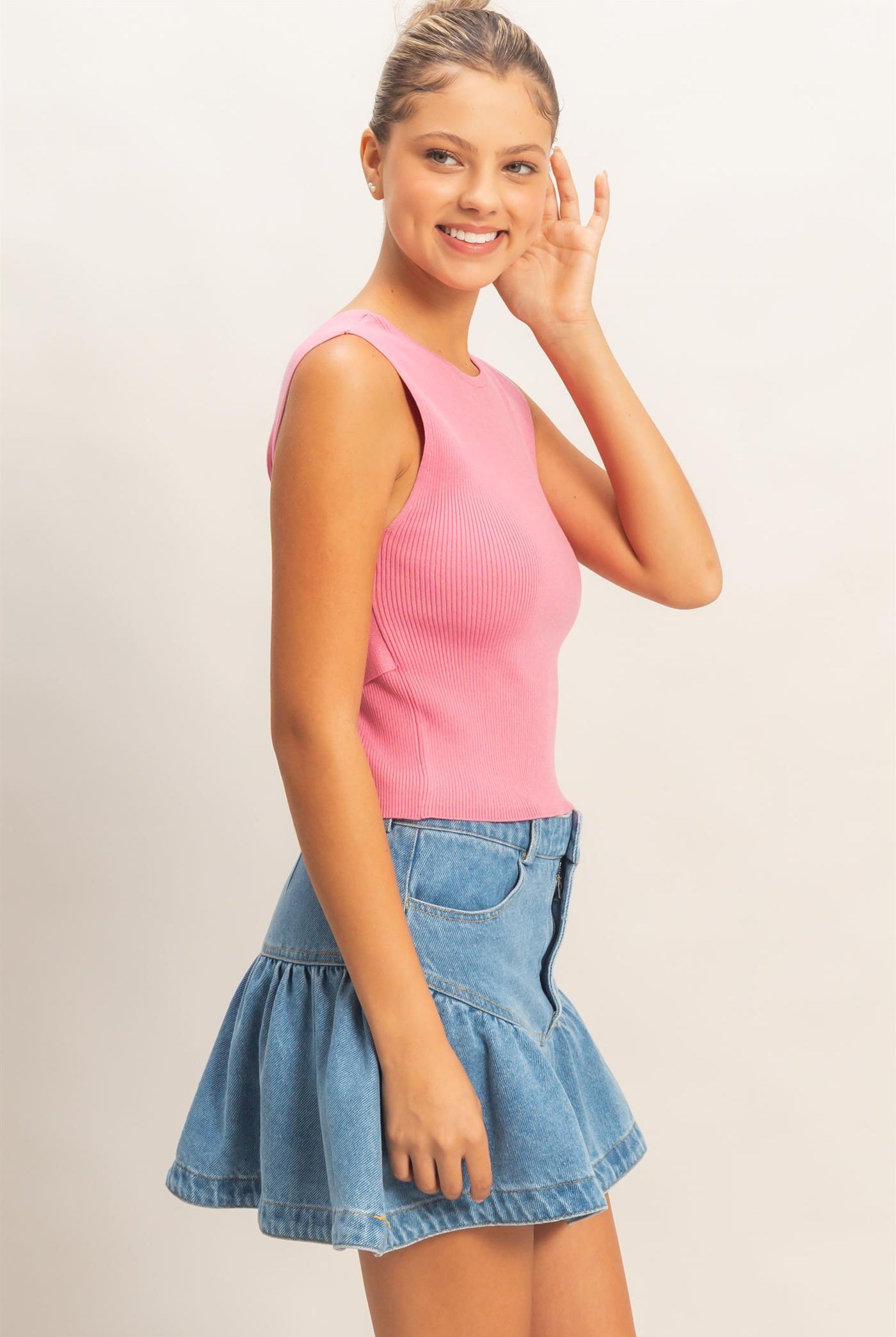 Wholesale Ribbed Crew Neck Sleeveless Open Back Top Clothing Tops DZ26C692 PINK DOUBLE ZERO