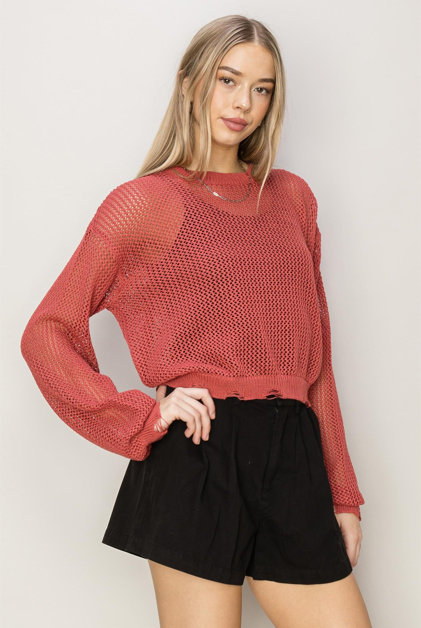 Wholesale Distressed Knit Sweater Clothing Tops DZ24C038 BRICK DOUBLE ZERO