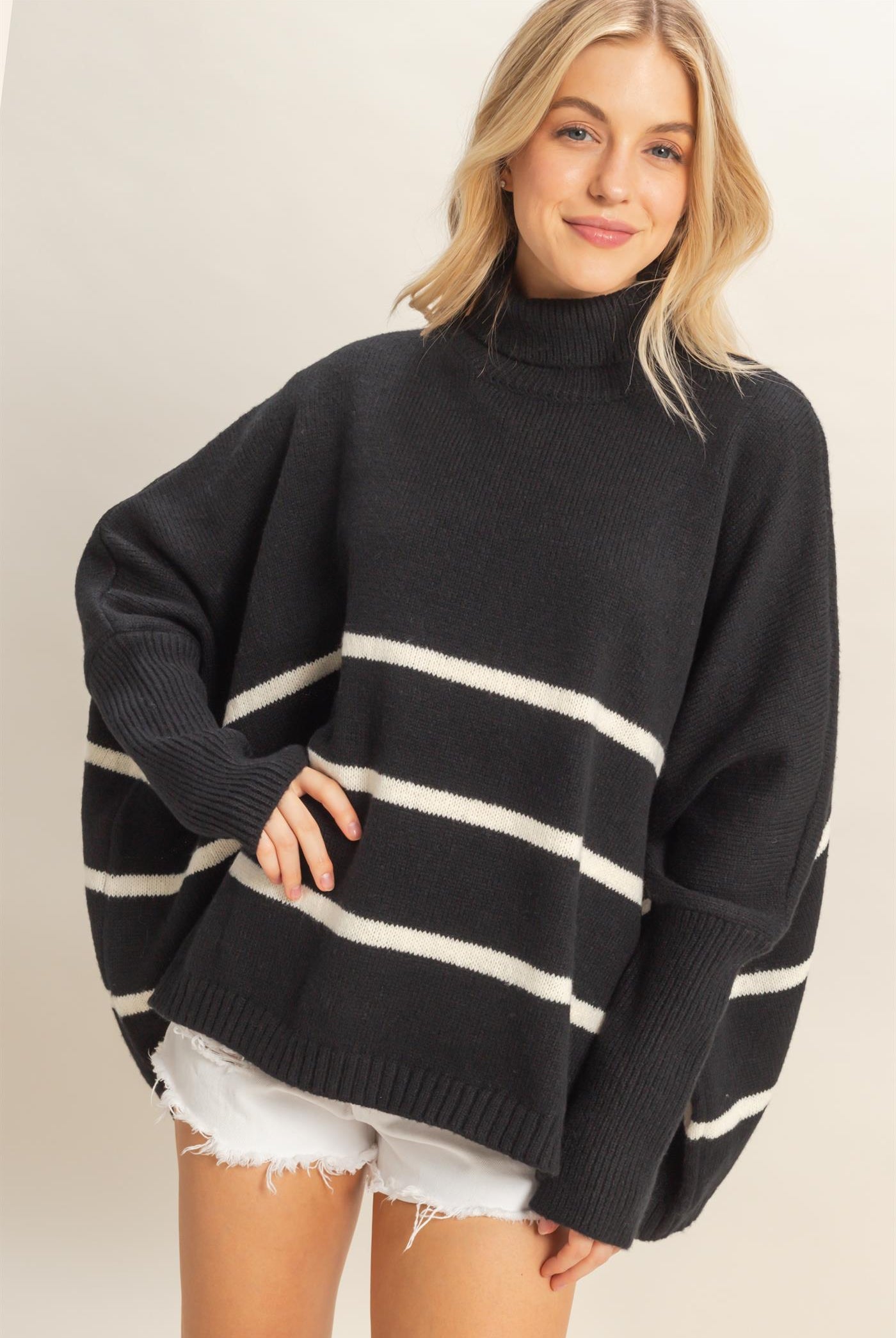 Wholesale Striped Turtle Neck Oversized Sweater Sweaters HF25F290 BLACK HYFVE