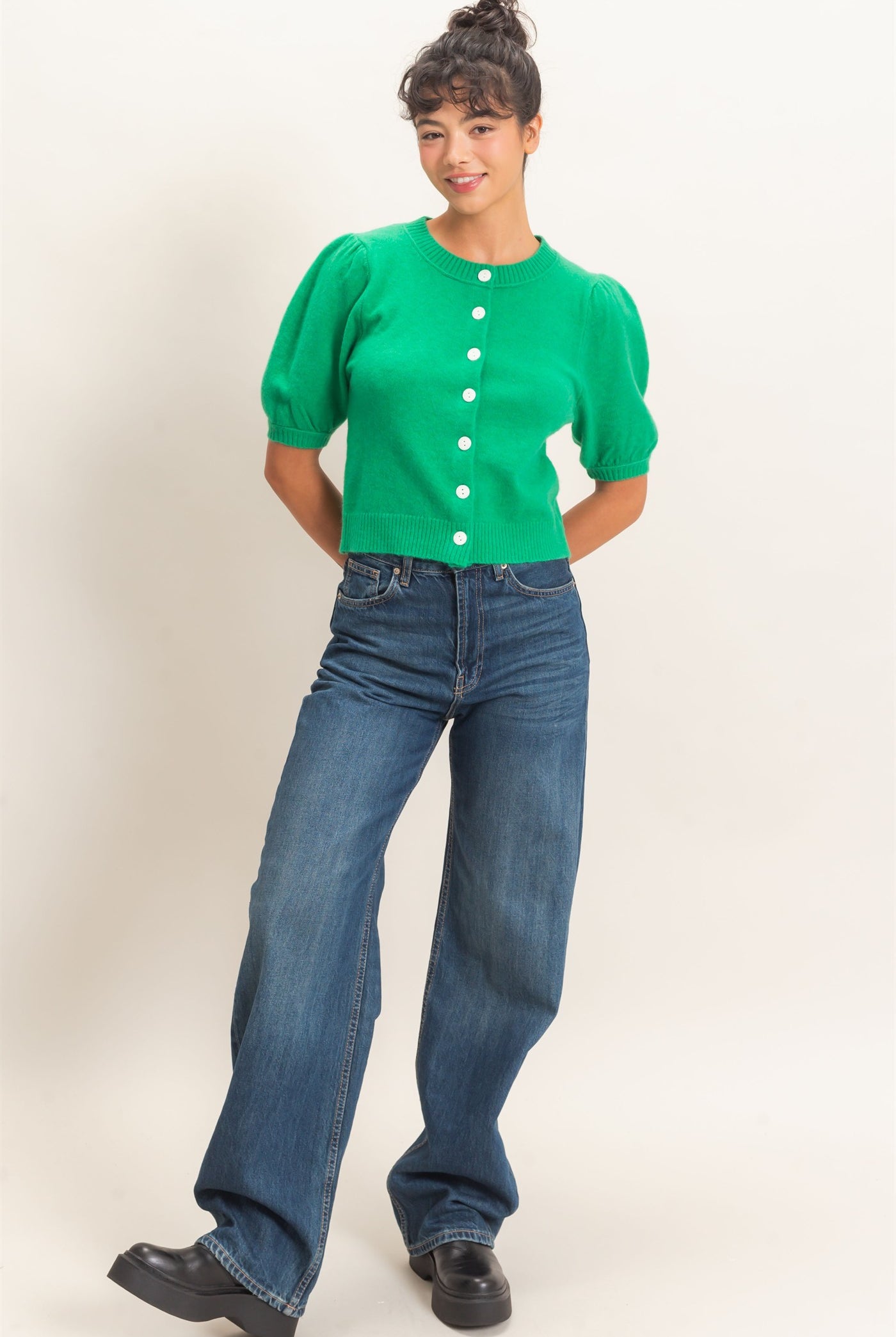 Wholesale Button Front Puff Short Sleeve Cardigan Cardigans DZ26C960 EMERALD DOUBLE ZERO