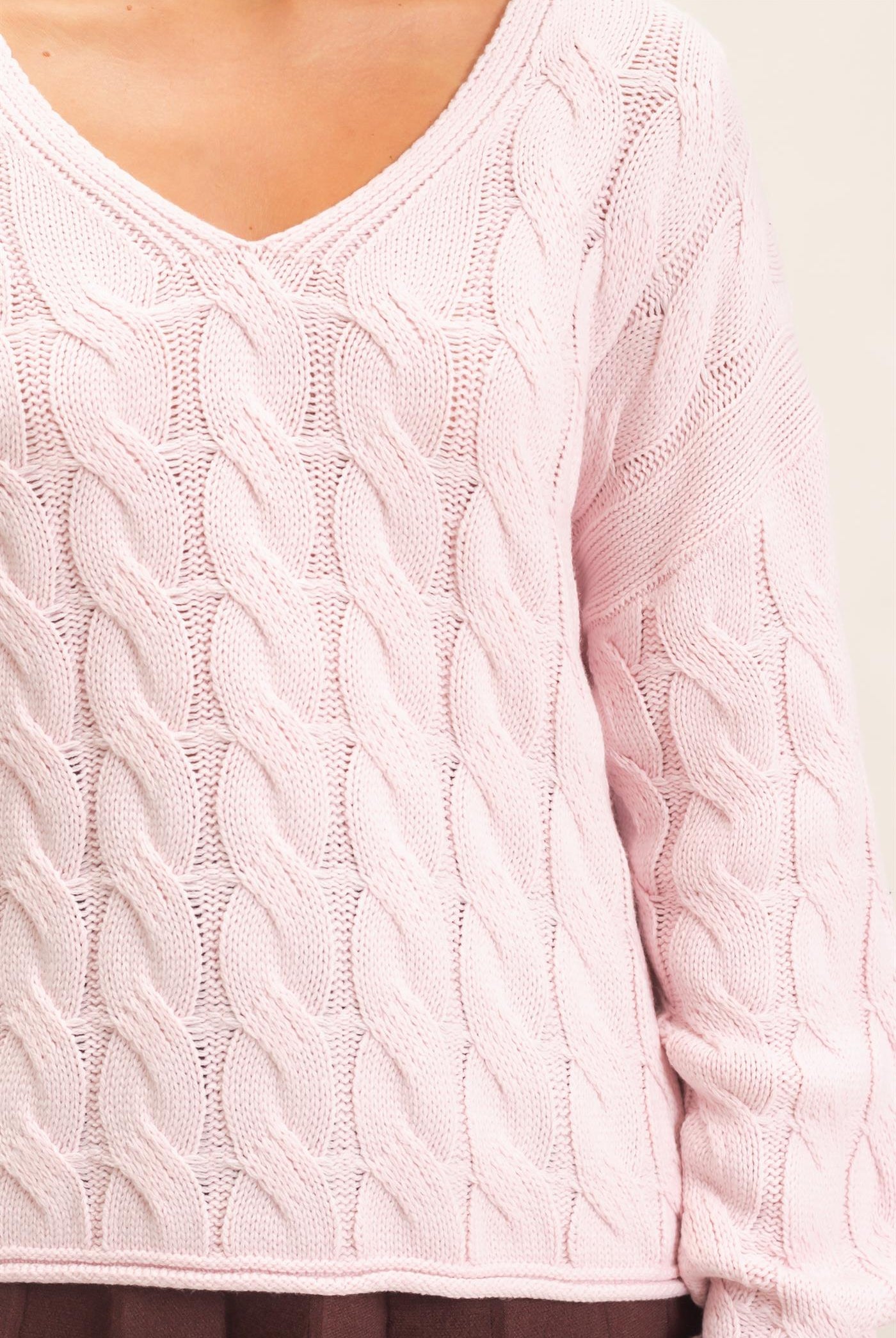 Wholesale Cable Knit V-Neck Sweater Sweaters DZ26E087 LIGHT PINK DOUBLE ZERO