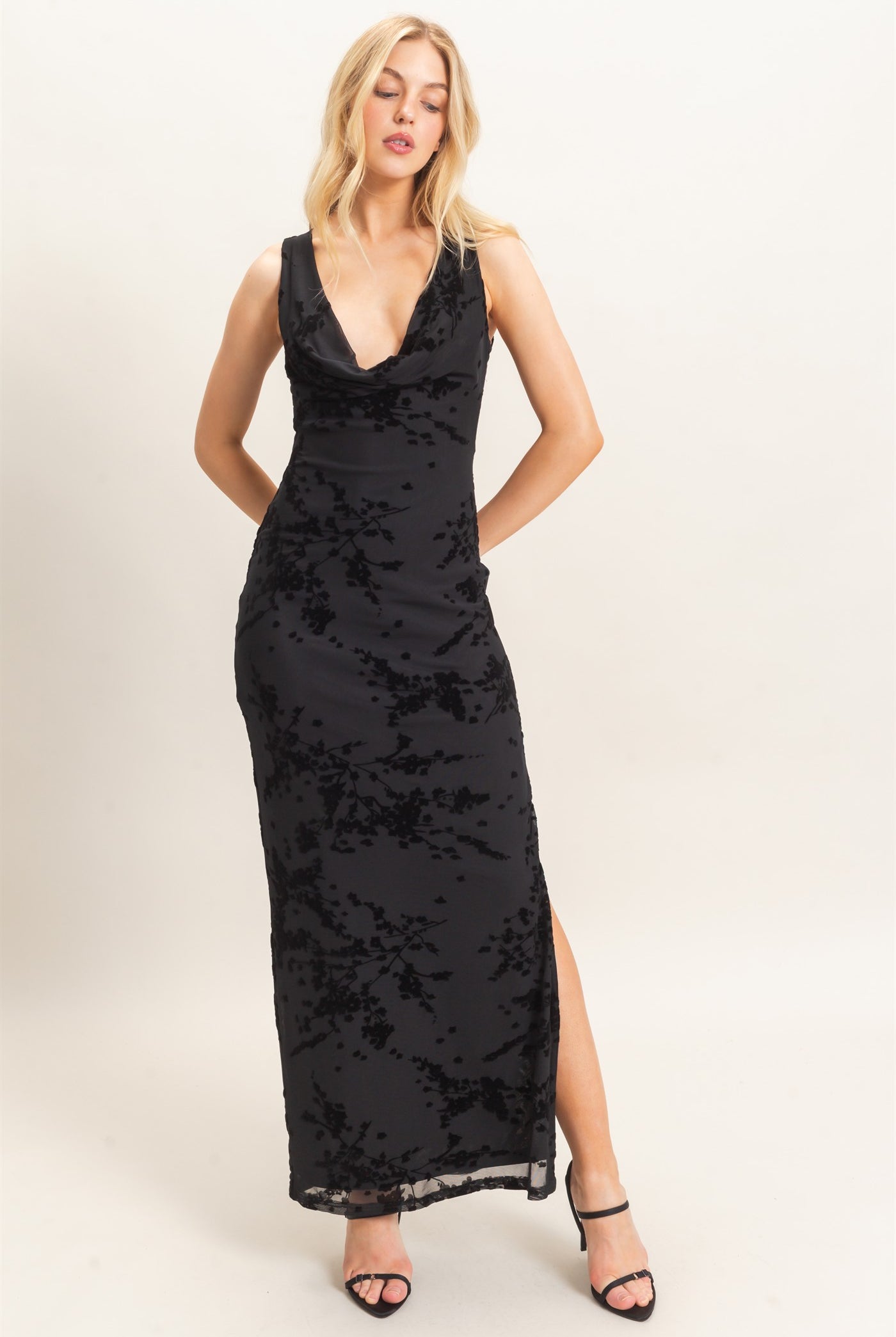 Wholesale Draped Cowl Neck Sleeveless Dress Dresses HF26C728 BLACK HYFVE