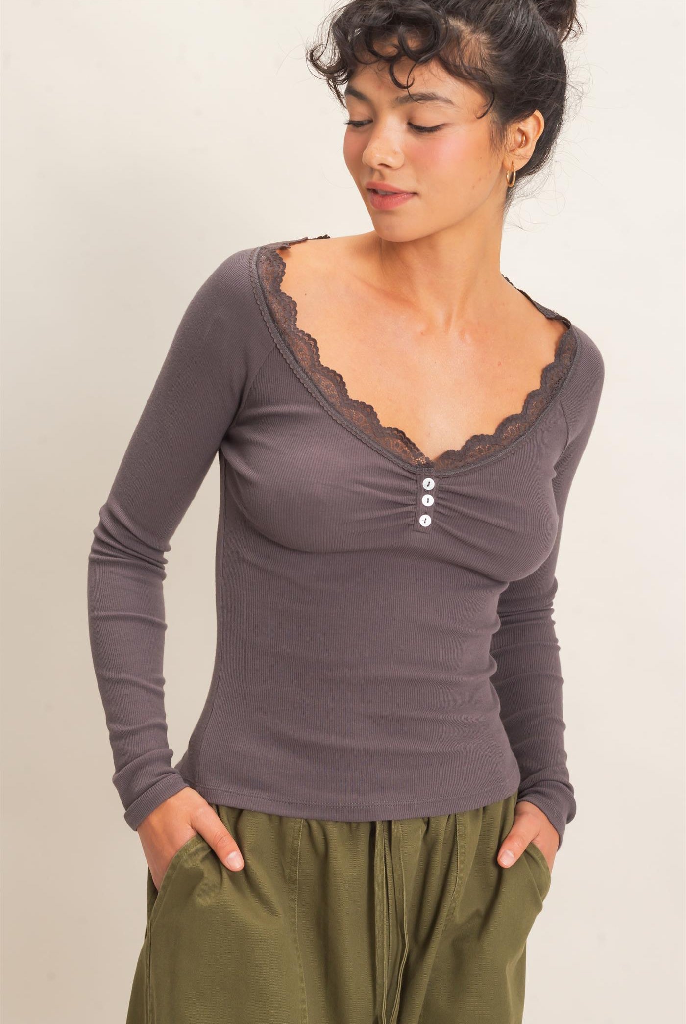 Wholesale Lace-Trim Henley Top Clothing Tops DZ26E325 CHARCOAL DOUBLE ZERO
