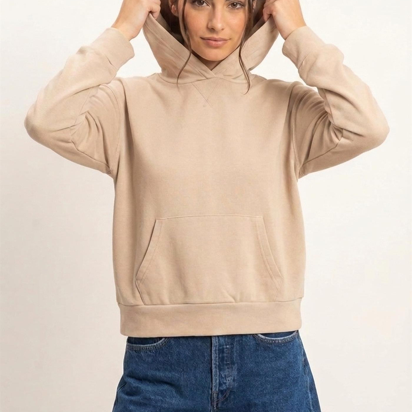Wholesale Long Sleeve Hoodie With Kangaroo Pocket Hoodies DZ26F276 TAUPE DOUBLE ZERO