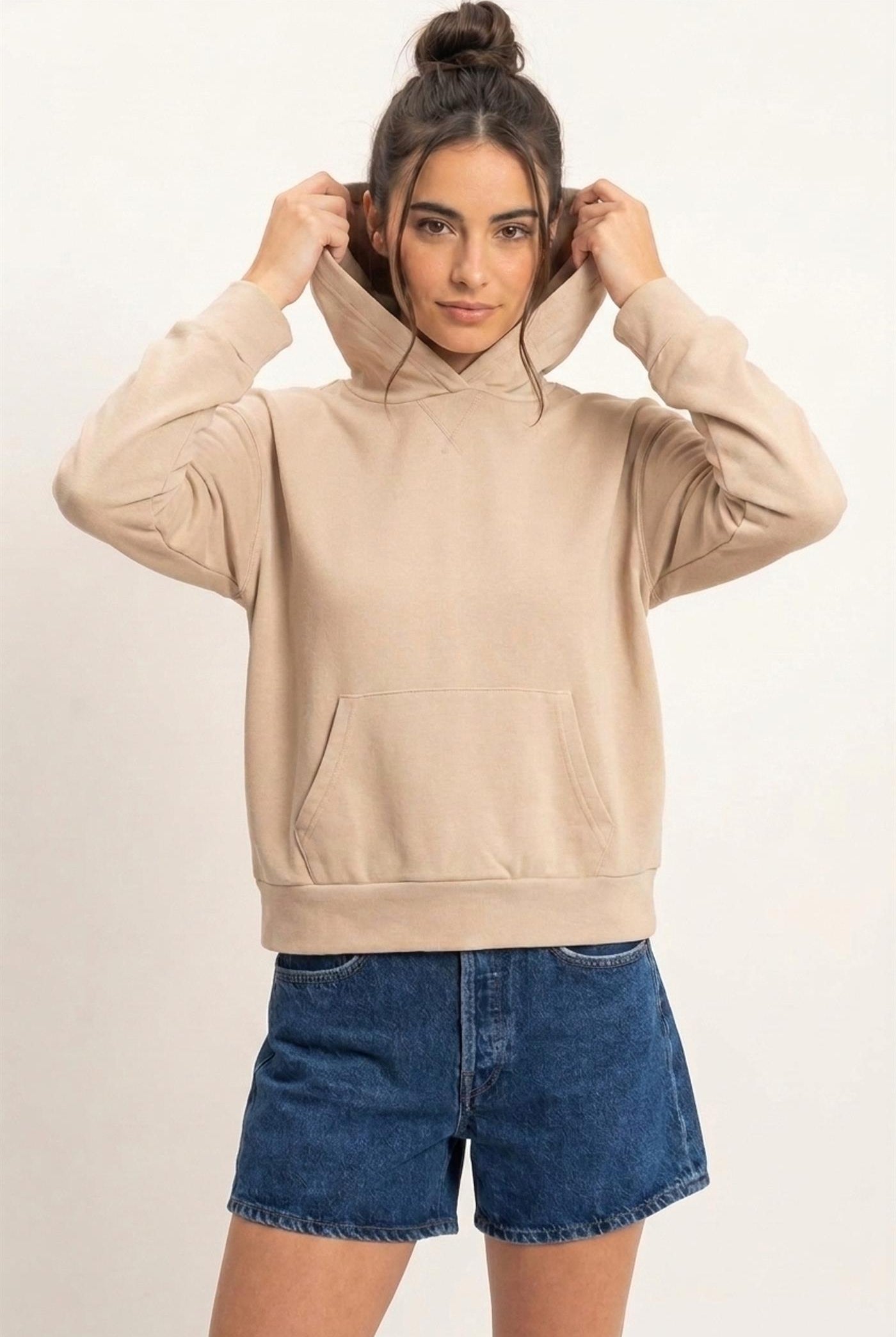 Wholesale Long Sleeve Hoodie With Kangaroo Pocket Hoodies DZ26F276 TAUPE DOUBLE ZERO
