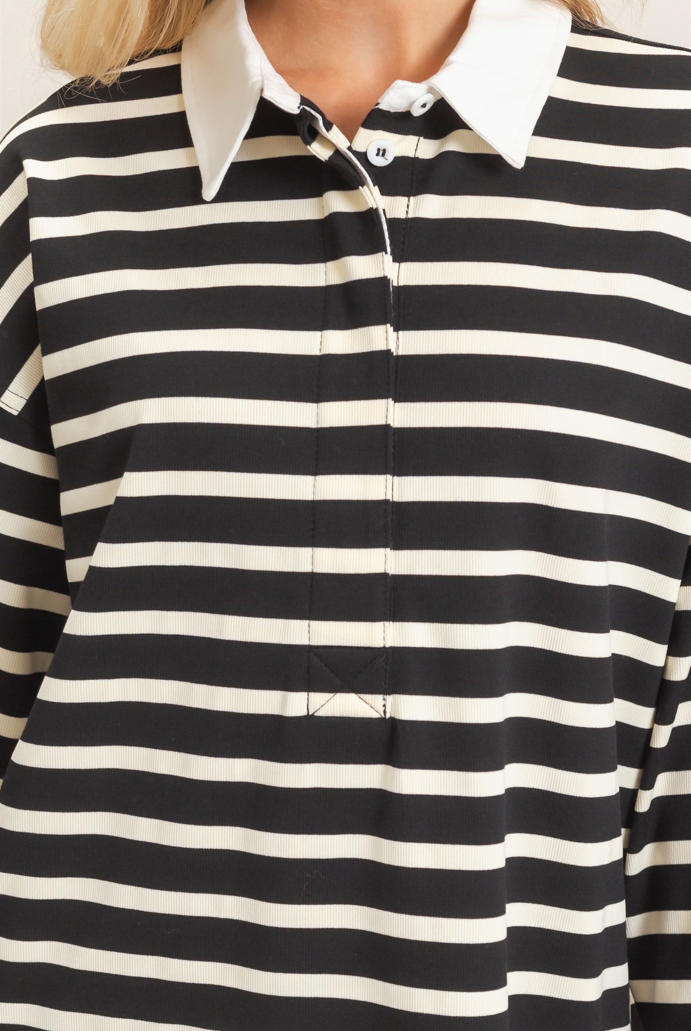 Wholesale Striped Polo Long Sleeve Top Clothing Tops HF26F078 BLACK/CREAM HYFVE