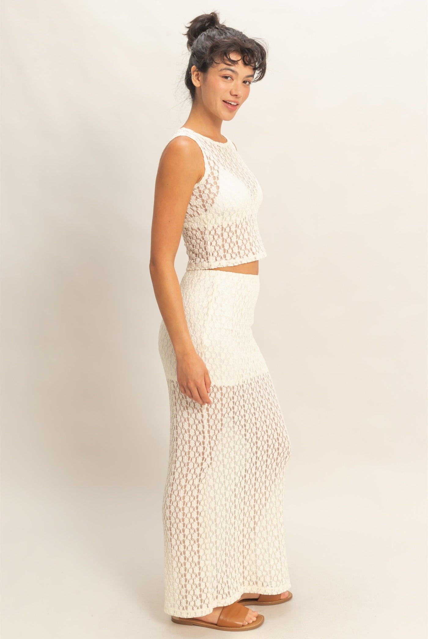 Wholesale Round Neck Lace Top & Lace Maxi Skirt Set Clothing DZ26C670-SET CREAM DOUBLE ZERO