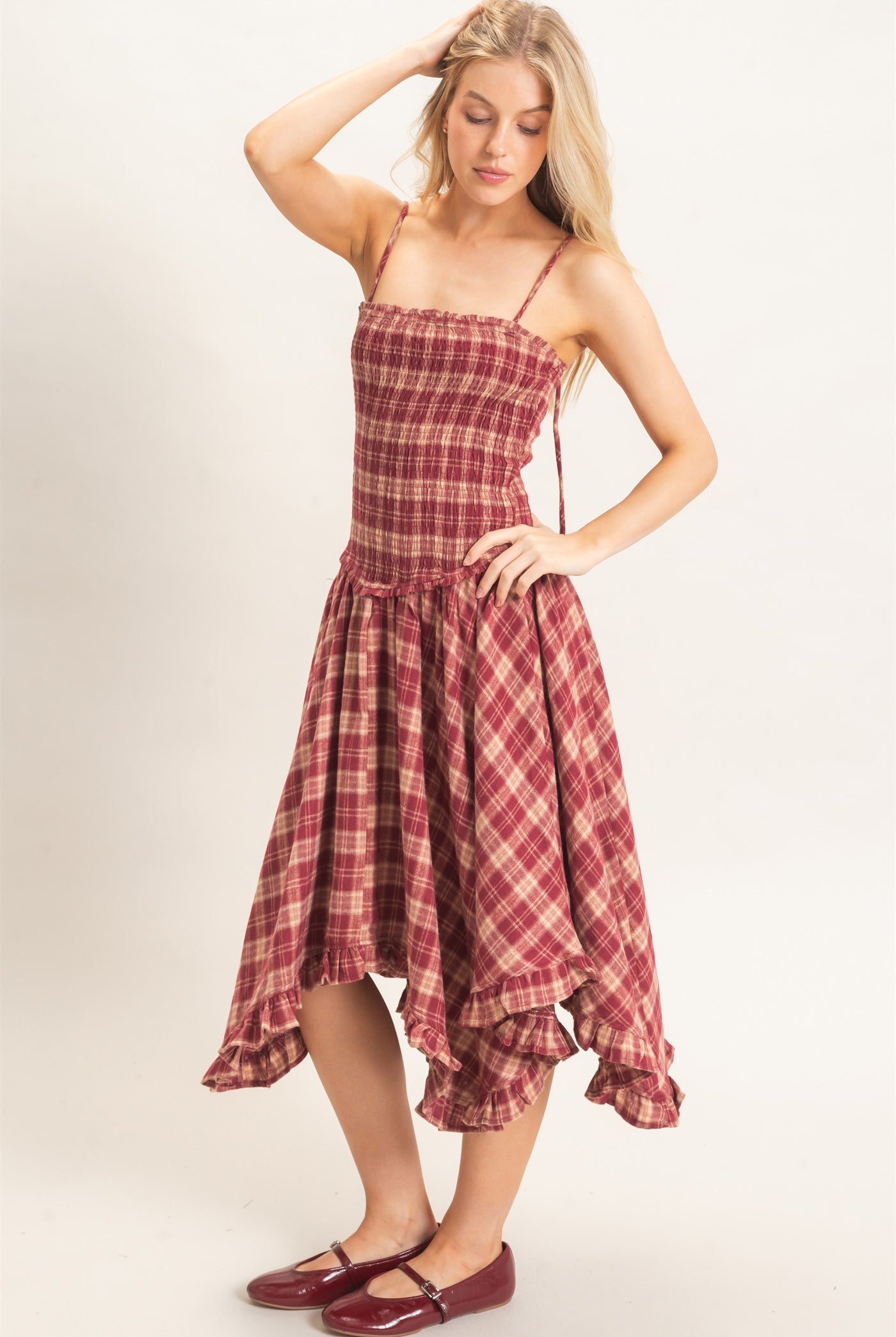 Wholesale Plaid Smocked Spaghetti Strap Dress Dresses HF26F211 BURGUNDY HYFVE