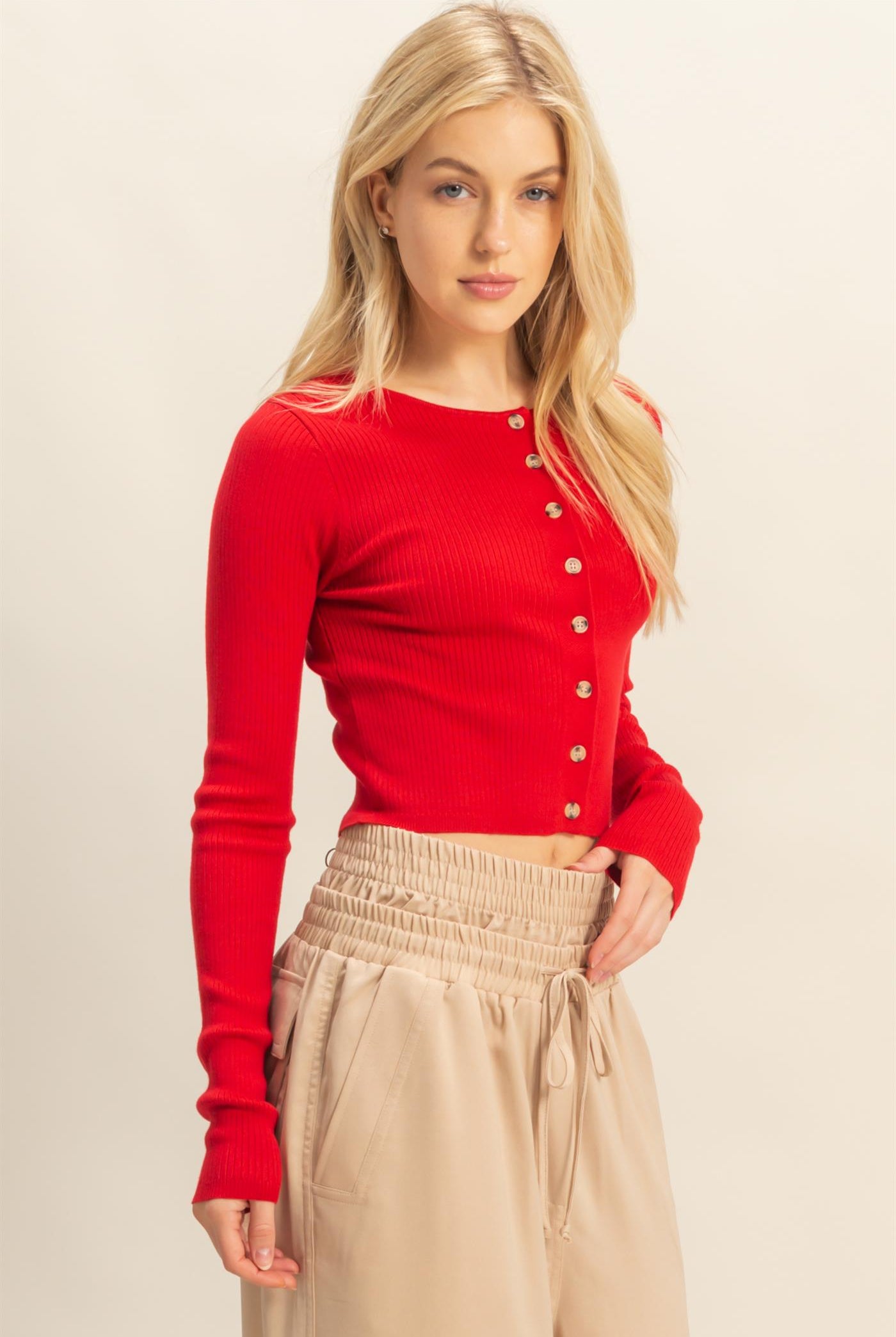 Wholesale Button-Up Ribbed Knit Top Sweaters HF25E930 RED HYFVE