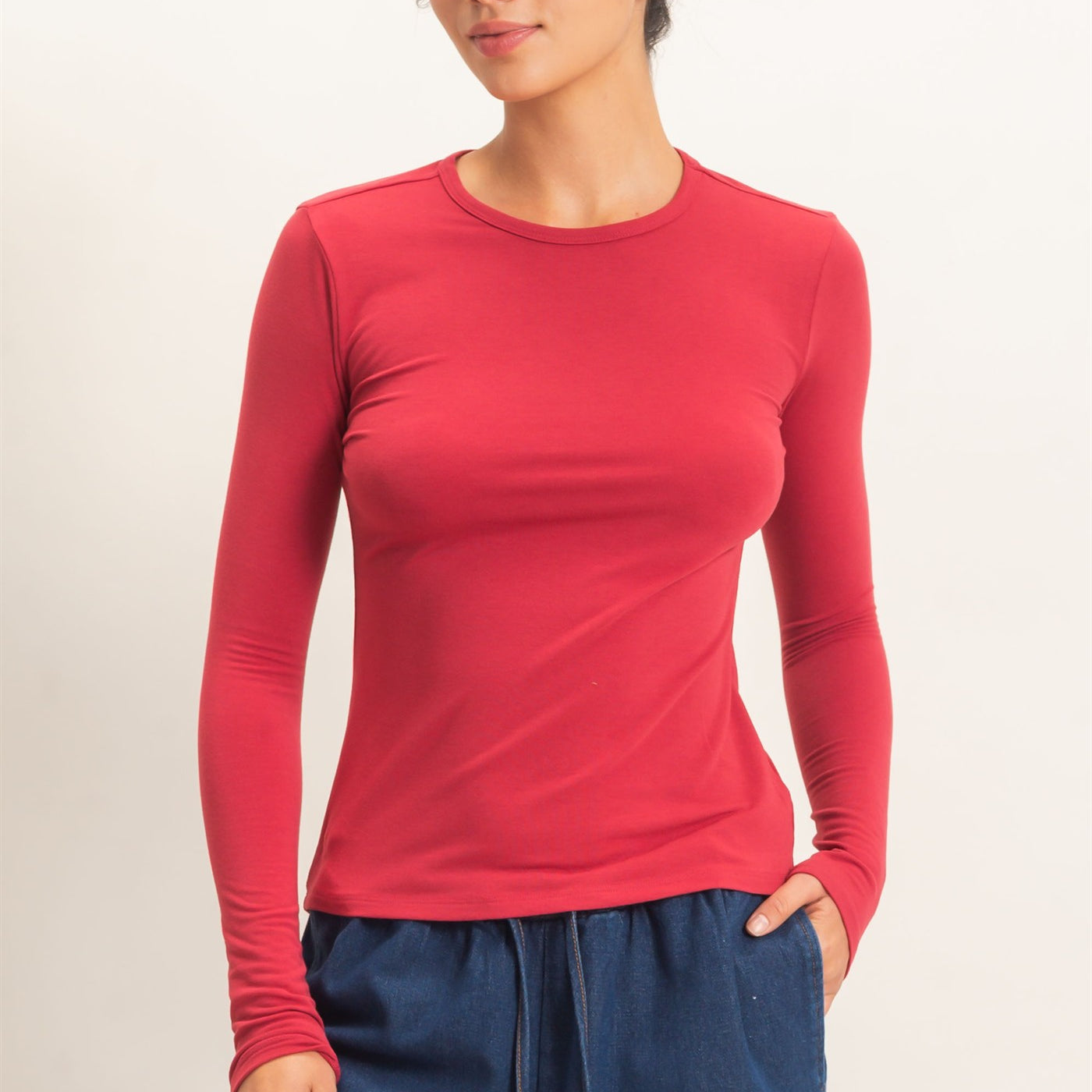Wholesale Crew Neck Long Sleeve Top Clothing Tops DZ26E258 DARK RED DOUBLE ZERO