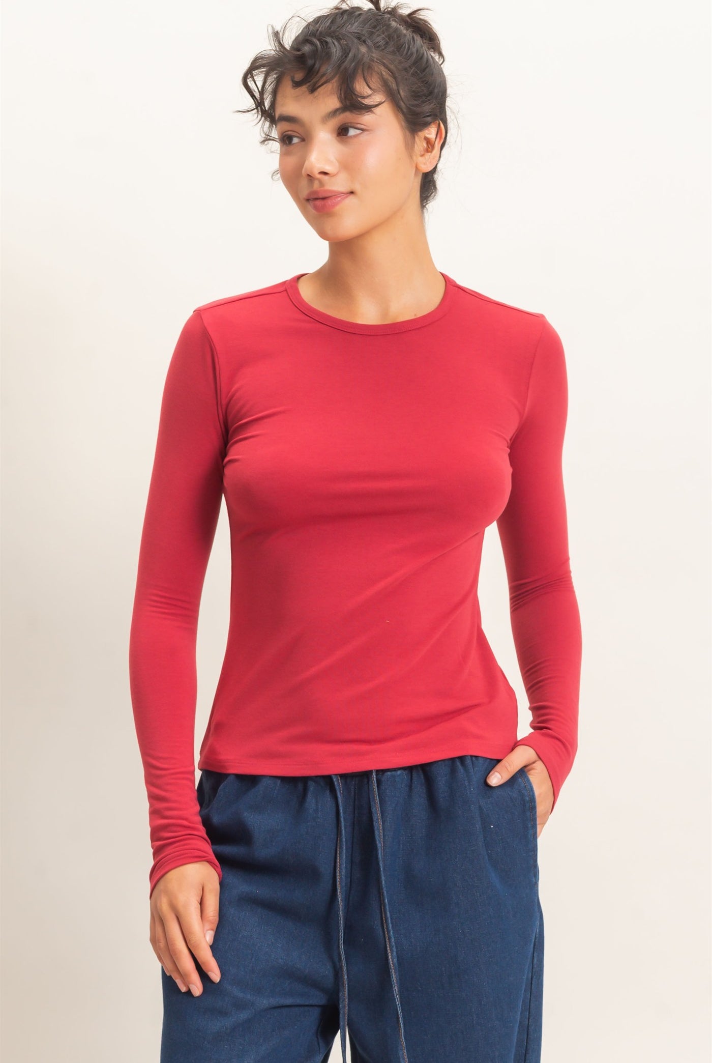 Wholesale Crew Neck Long Sleeve Top Clothing Tops DZ26E258 DARK RED DOUBLE ZERO