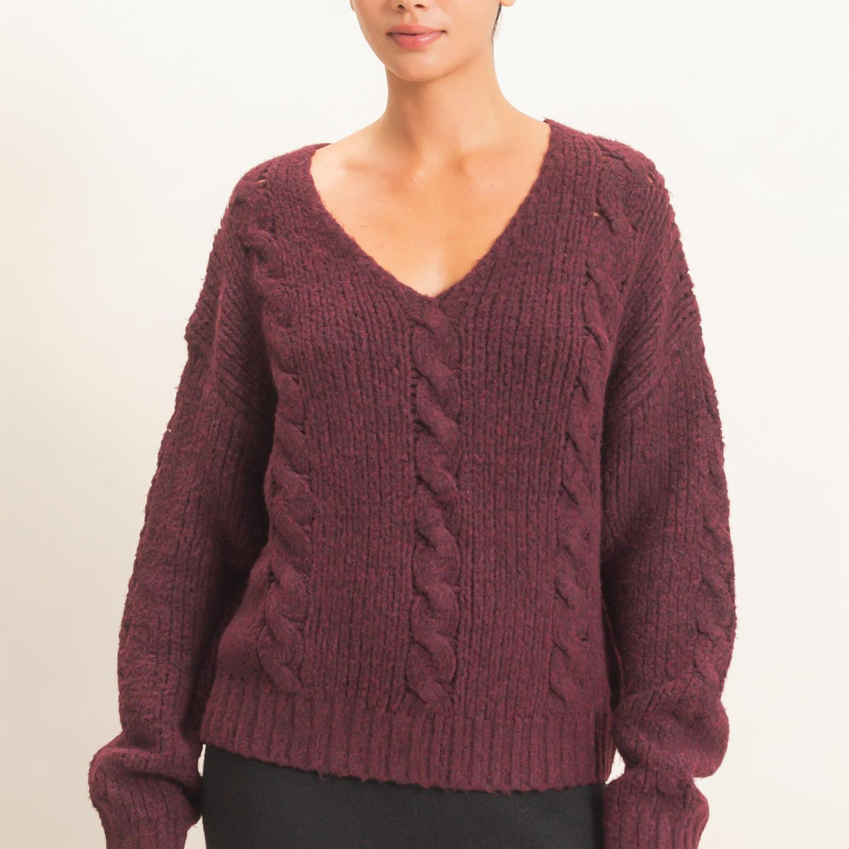 Wholesale Cable Knit V-Neck Sweater Sweaters DZ26E107 DARK CHERRY DOUBLE ZERO