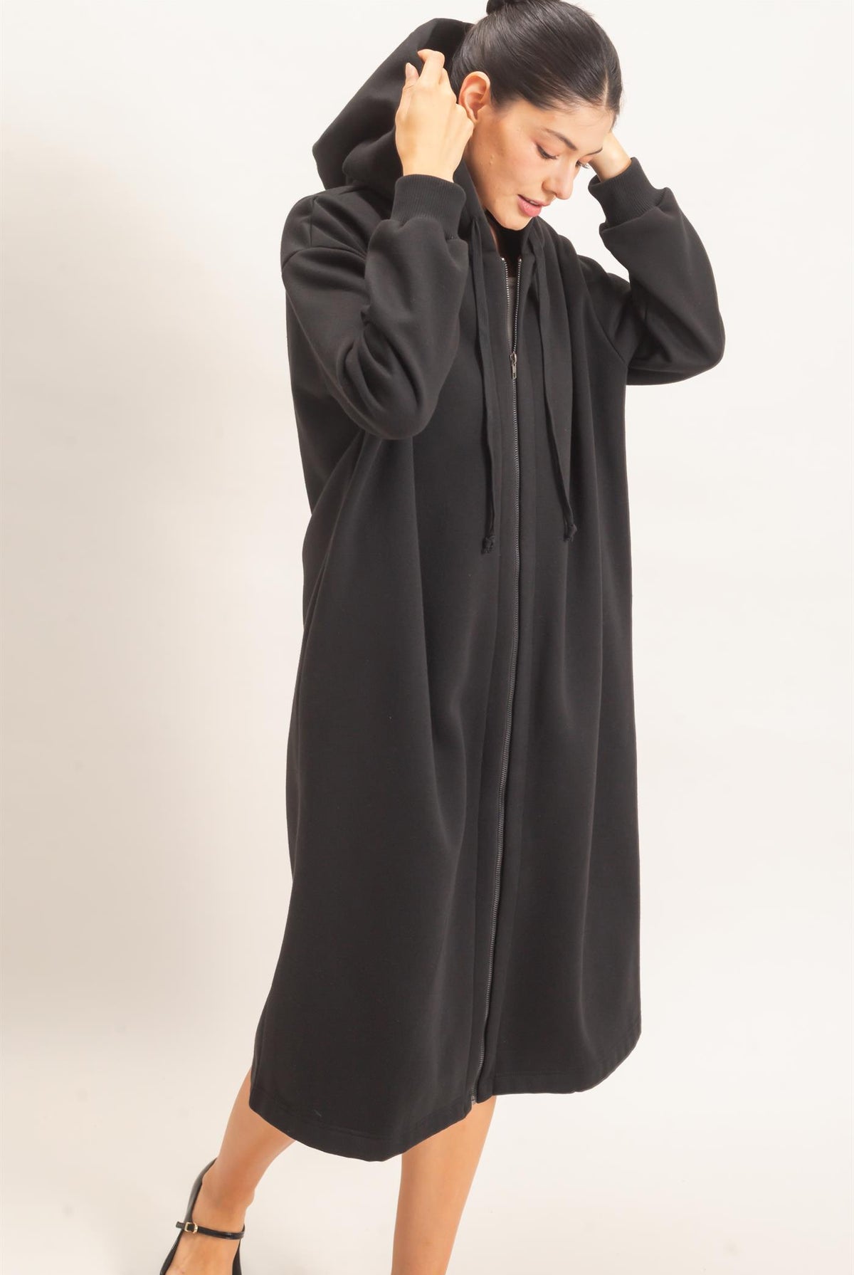 Wholesale Oversized Longline Zip-Up Hoodie Jacket Outerwear HF26E650 BLACK HYFVE