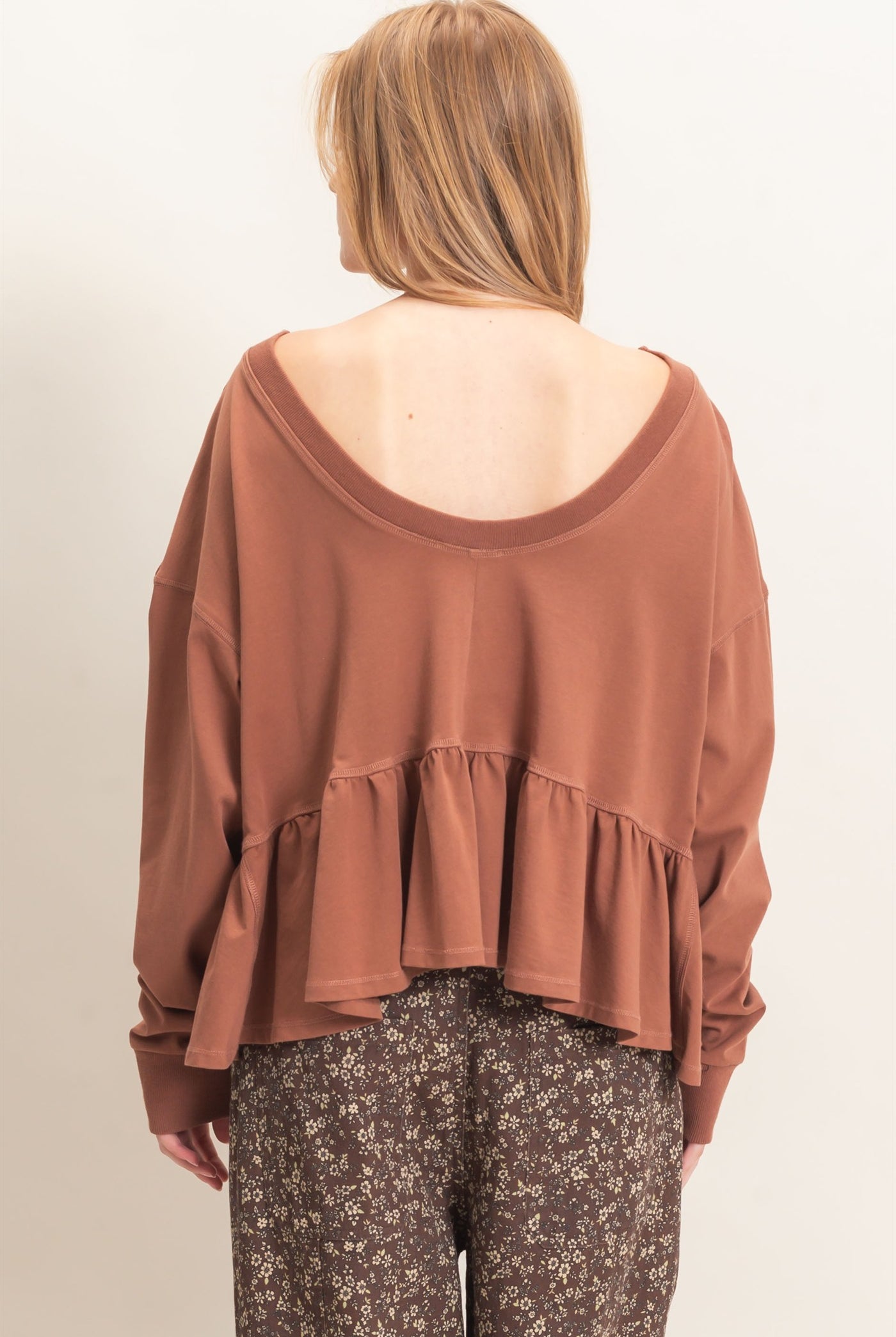Wholesale Ruffled Hem Long Sleeve Top Clothing Tops HF26E065 SIENNA HYFVE