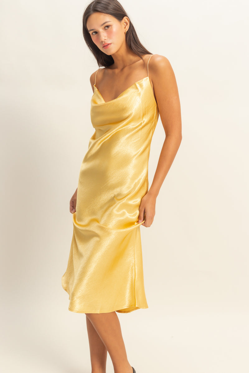 Wholesale Cowl Neck Satin Midi Dress Dresses DZ22A734 GOLD DOUBLE ZERO