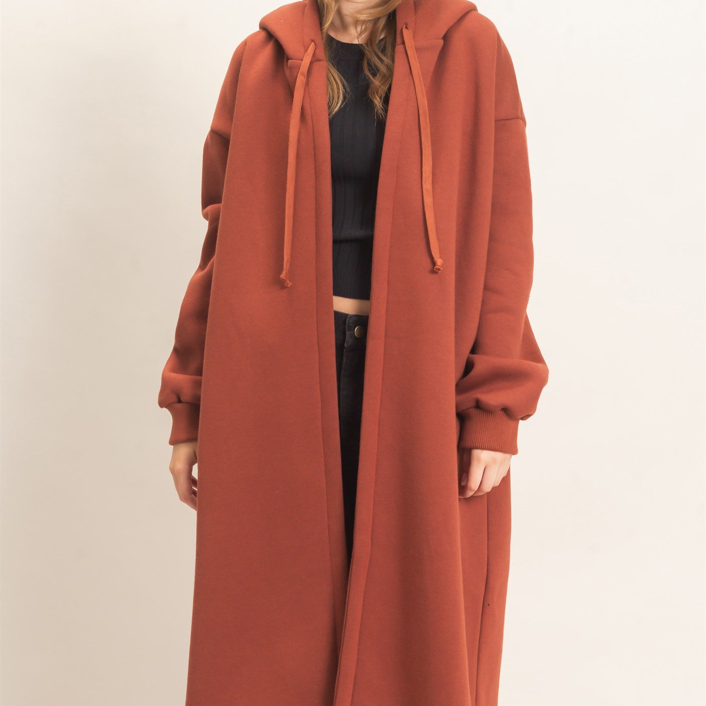 Wholesale Oversized Hooded Open Front Coat Coats & Jackets HF26F142-D BRICK HYFVE