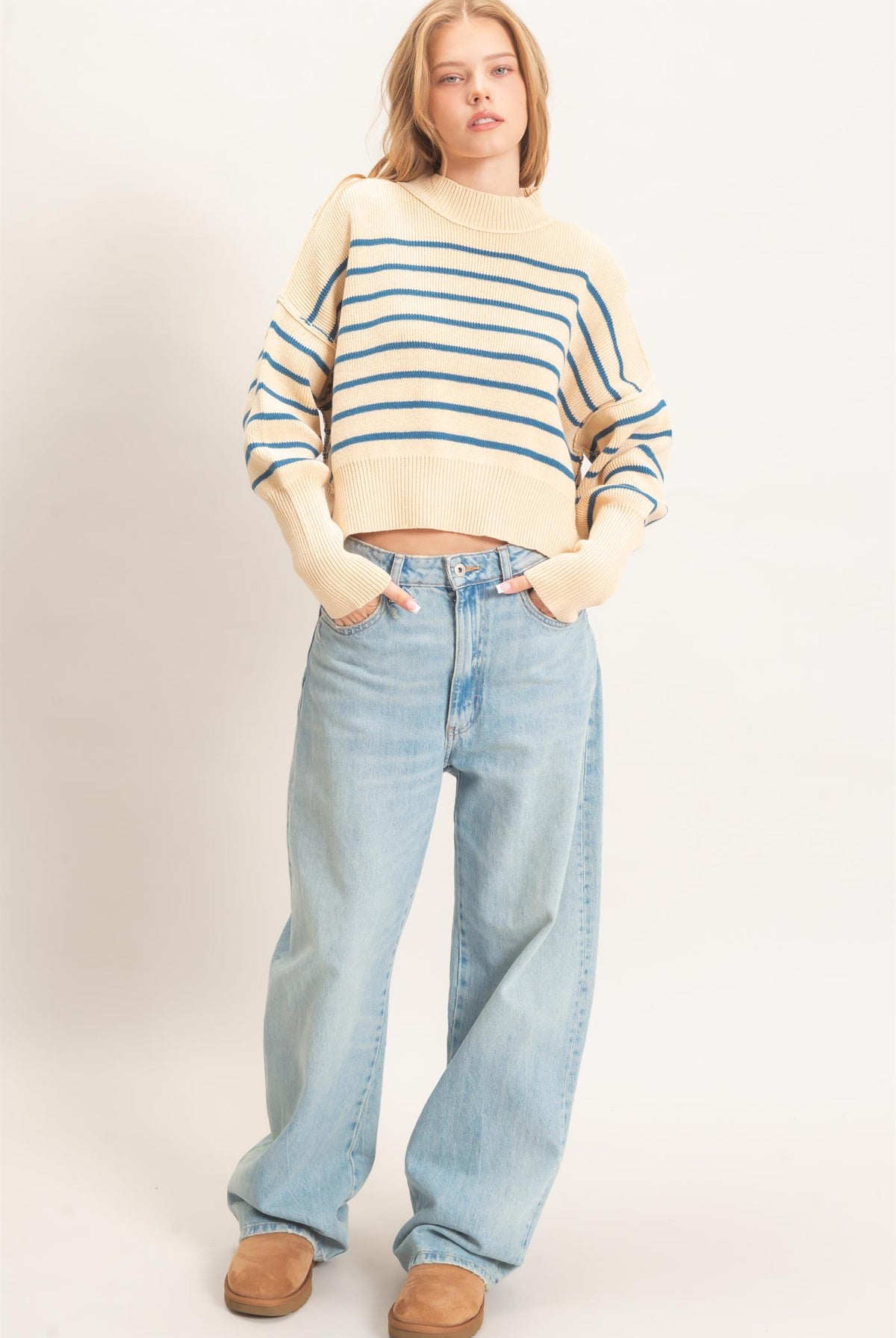 Wholesale Striped Mock Neck Cropped Sweater Sweaters HF26F192 BLUE HYFVE