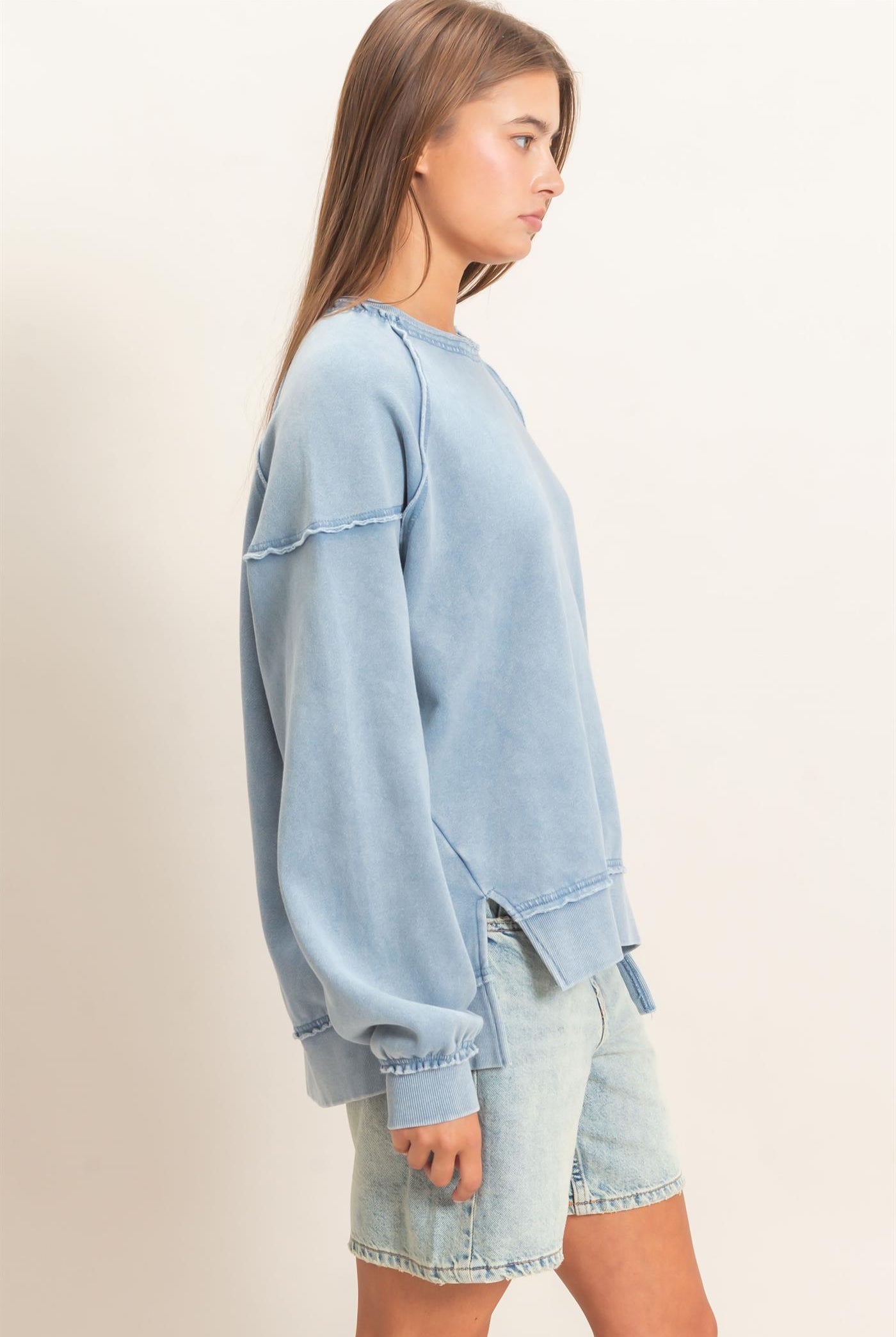 Wholesale Acid Wash Raw Edge Sweatshirt Sweatshirts DZ26C910 DUSTY BLUE DOUBLE ZERO