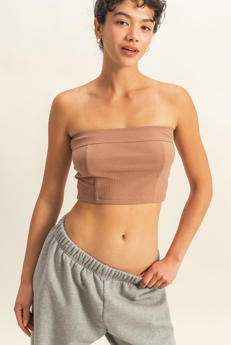 Wholesale Strapless Ribbed Crop Top Clothing Tops DZ23E512 CHOCOLATE MILK DOUBLE ZERO