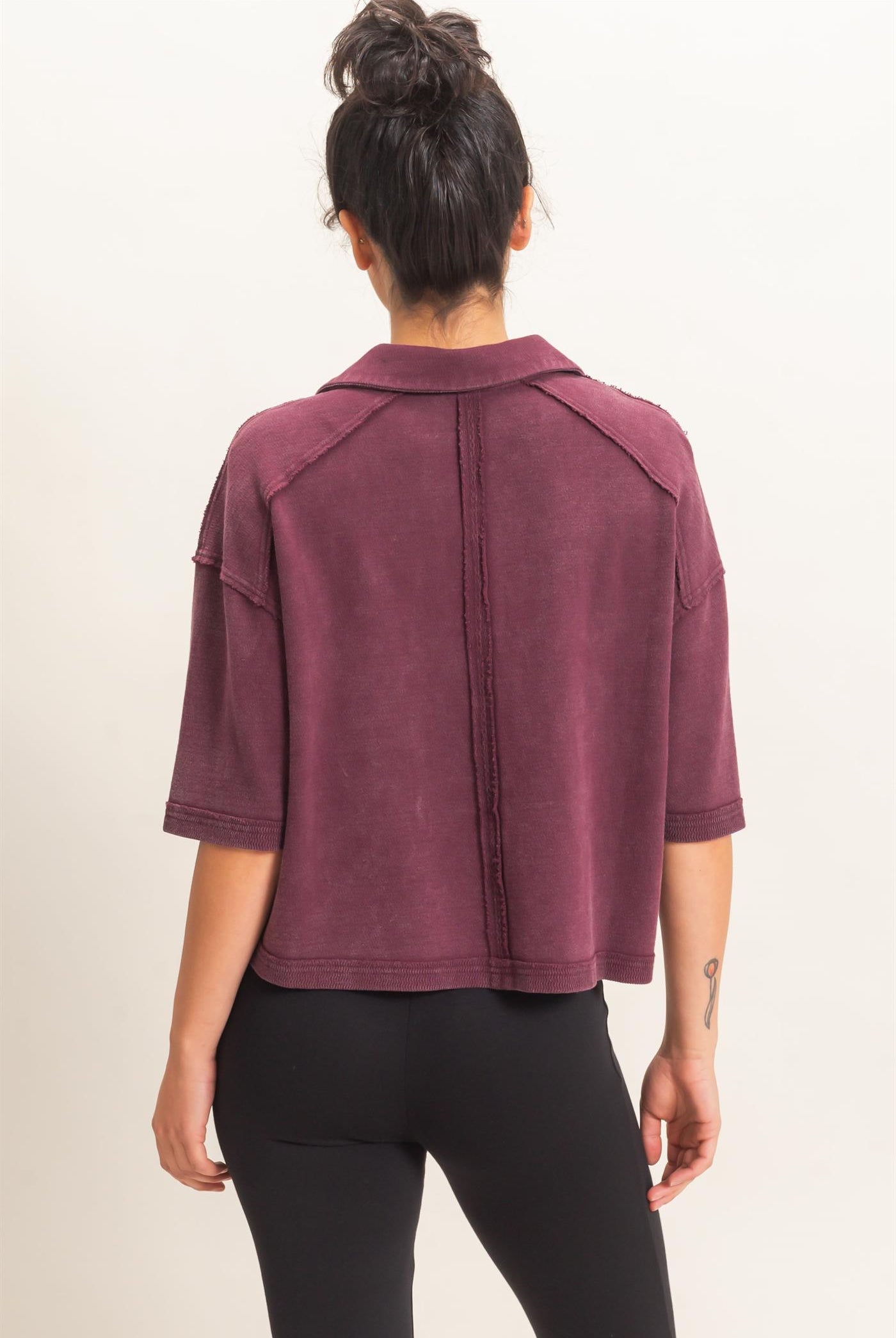 Wholesale Mineral Wash Oversized Collar Short Sleeve Top Clothing Tops DZ26E813 DARK CHERRY DOUBLE ZERO
