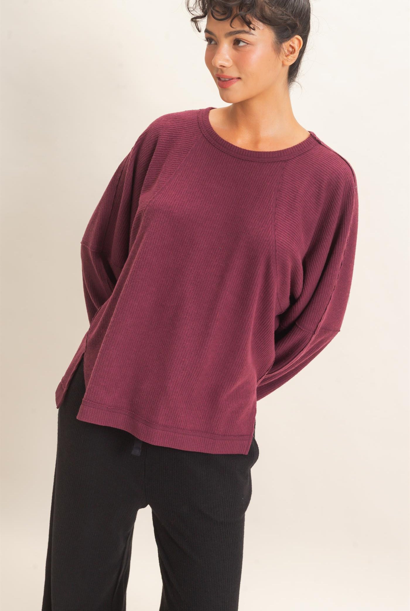 Wholesale Brushed Waffle Long Sleeve Top Clothing Tops DZ26F312 DARK CHERRY DOUBLE ZERO