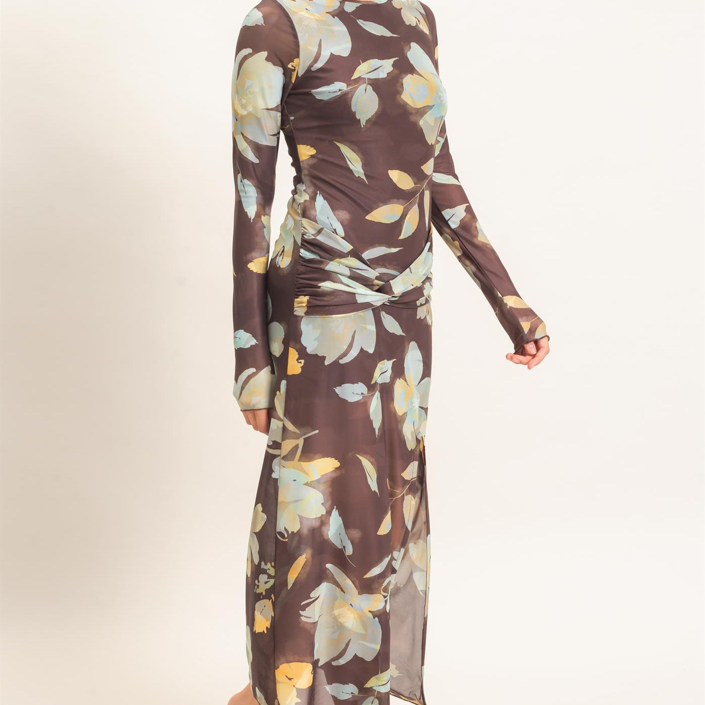 Wholesale Floral Mesh Knit Dress Dresses HF26E307 BROWN HYFVE