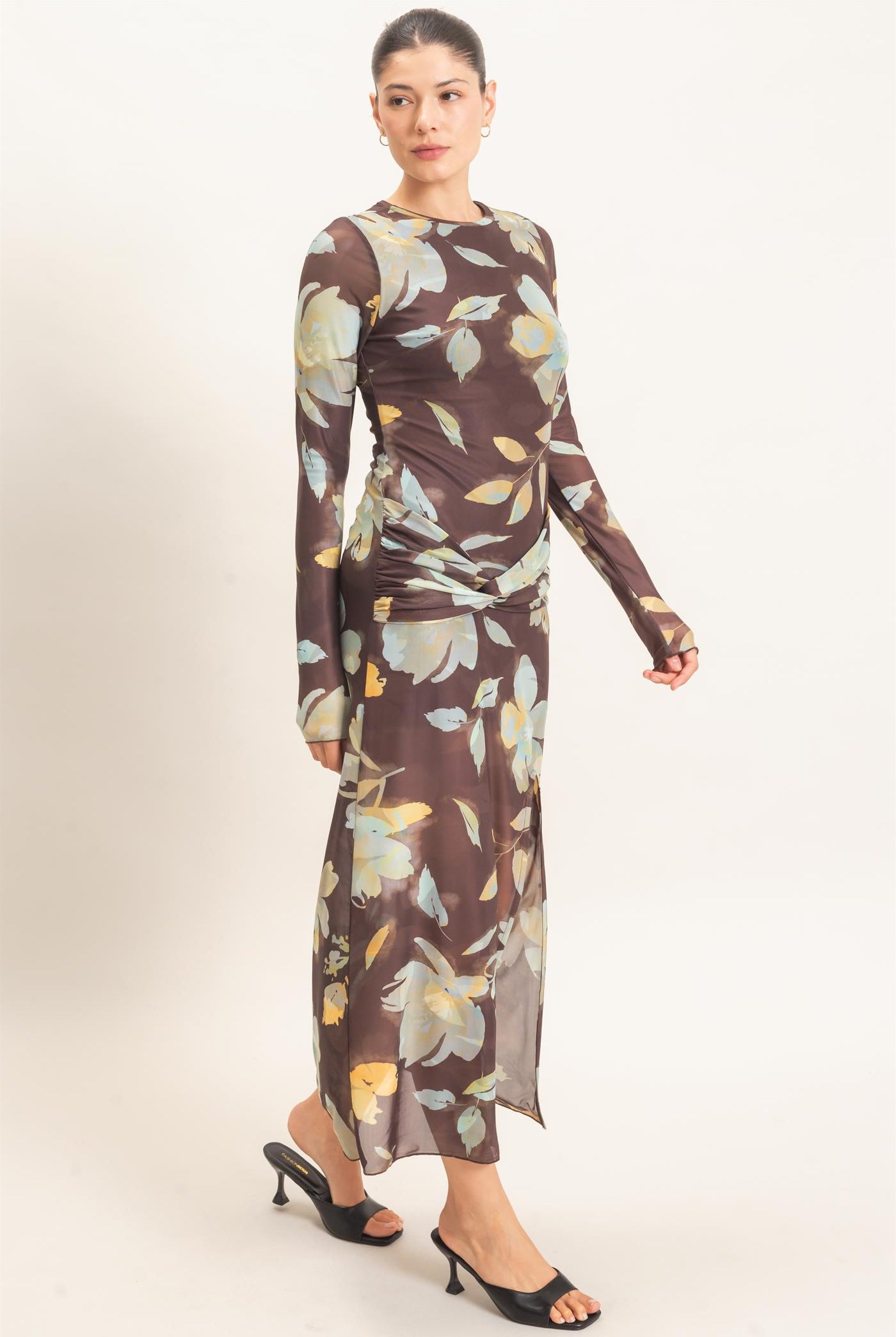Wholesale Floral Mesh Knit Dress Dresses HF26E307 BROWN HYFVE