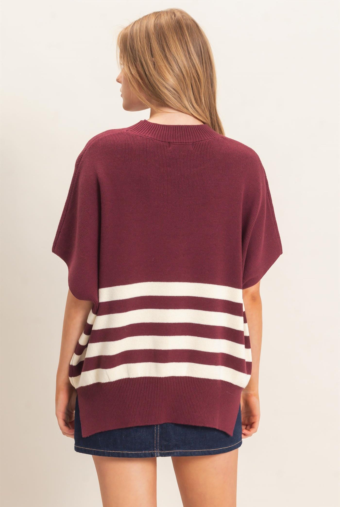 Wholesale Striped Ribbed Crew Neck Sweater Sweaters HF26E350-D WINE HYFVE