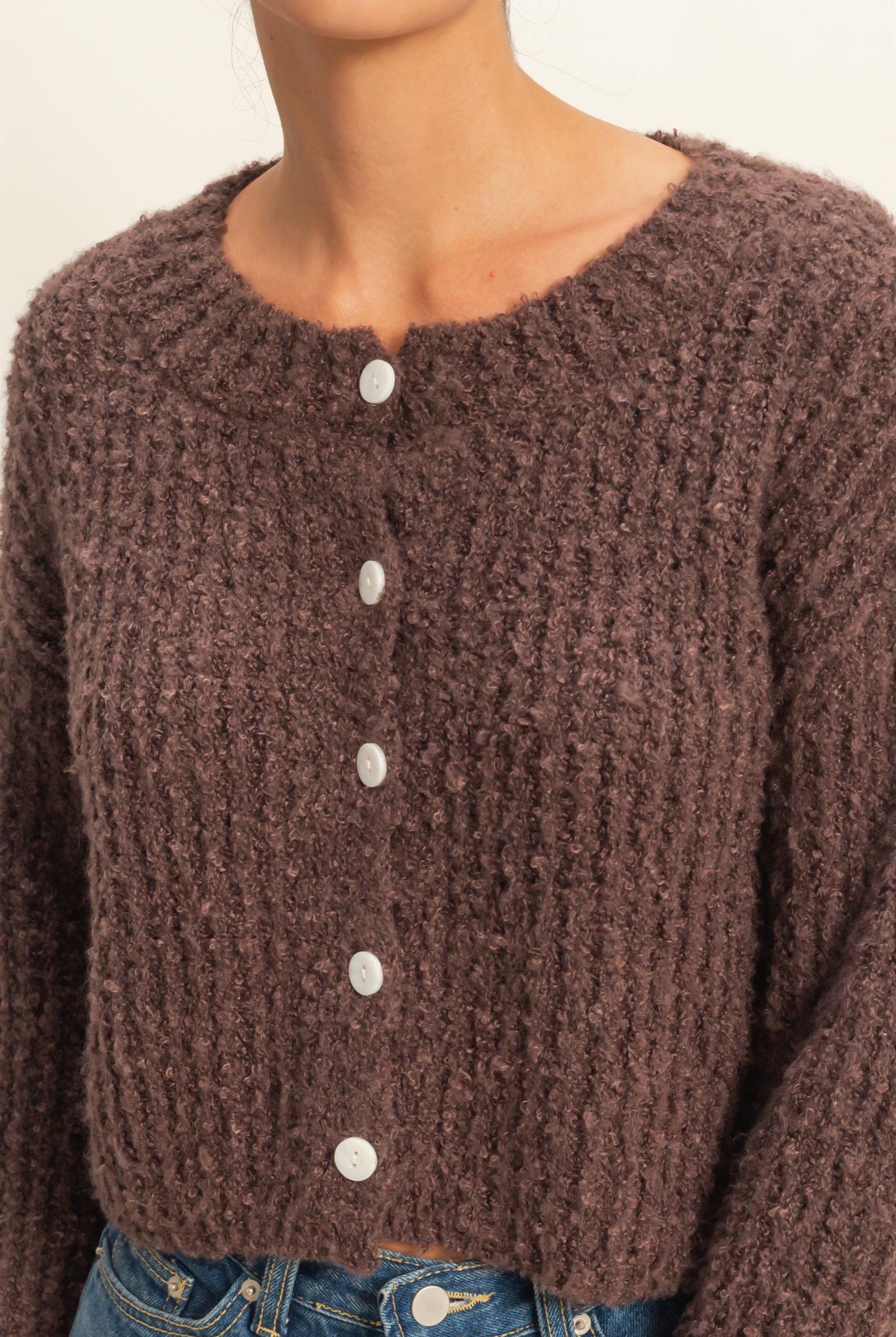 Wholesale Fluffy Knit Button-Up Cardigan Sweater Cardigans DZ25E592 CHESTNUT DOUBLE ZERO