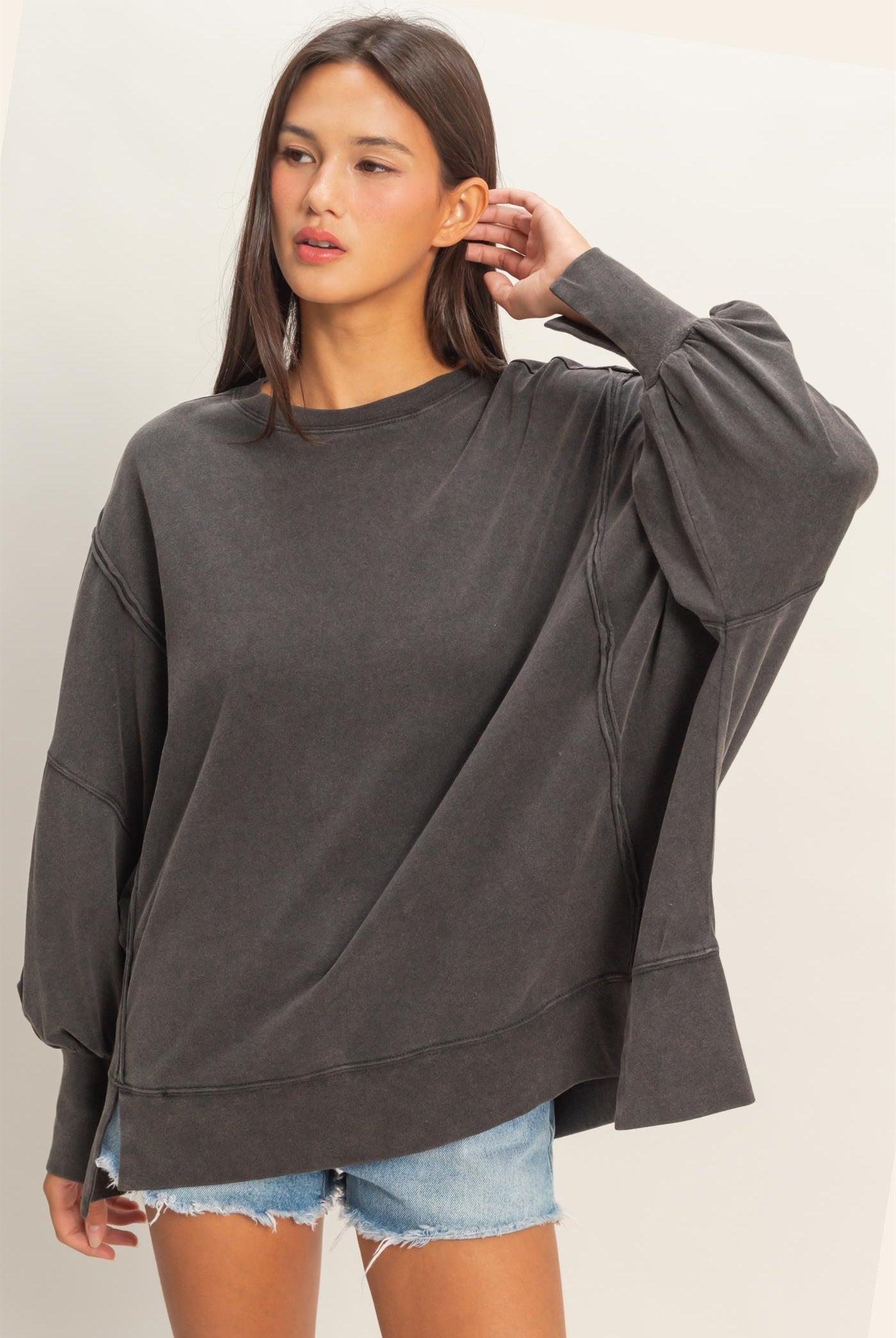 Wholesale Oversized Seam Detail Long Sleeve Top Sweatshirts DZ26C774 BLACK DOUBLE ZERO