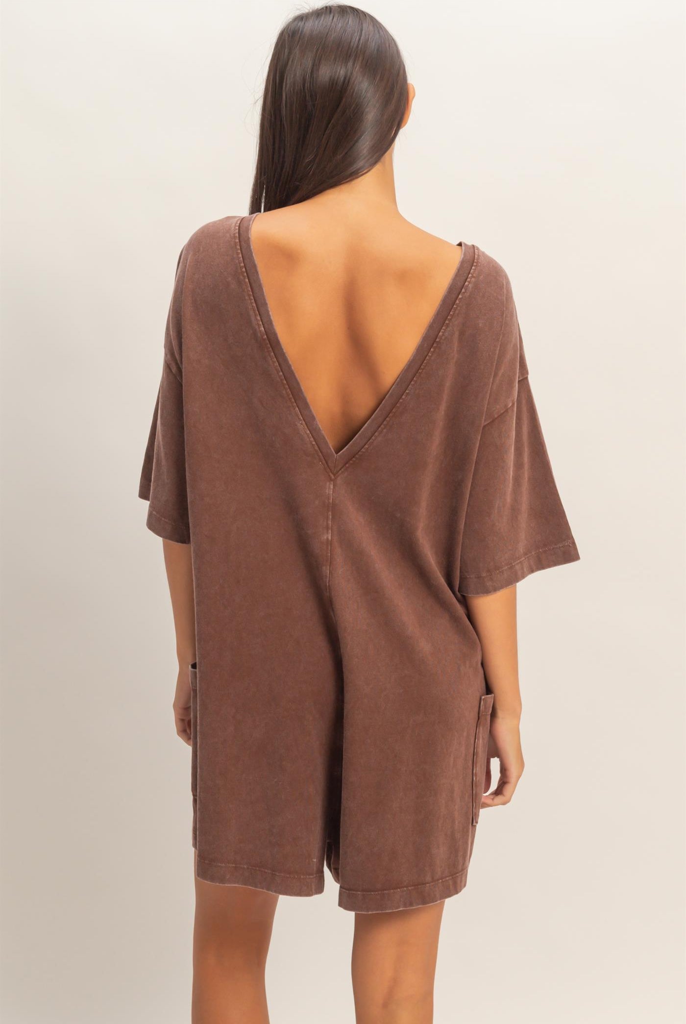 Wholesale Mineral Washed V-Back Romper Clothing DZ26A326 CHOCOLATE HYFVE