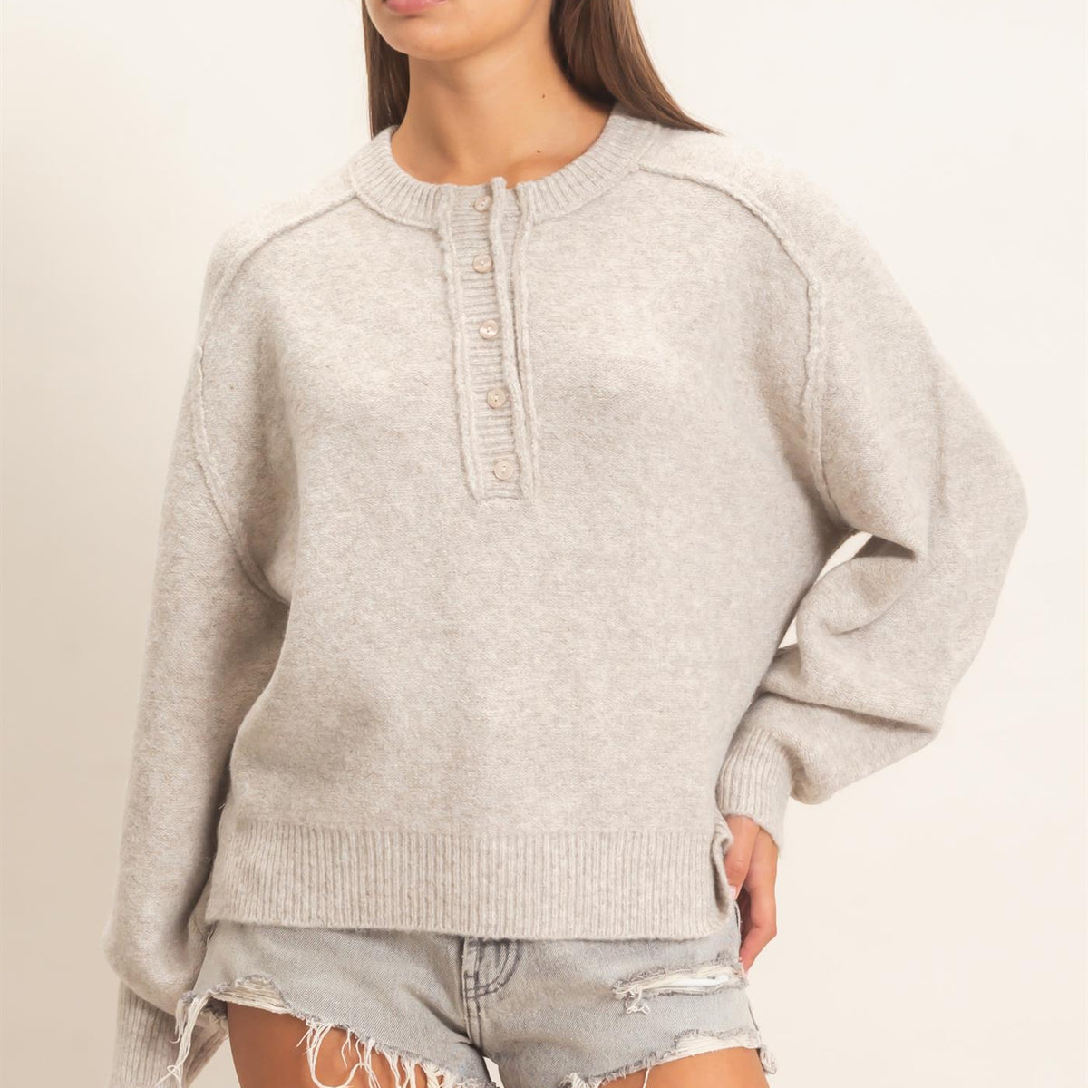 Wholesale Henley Sweater With Reverse Seams Sweaters DZ26F004 MUSHROOM DOUBLE ZERO
