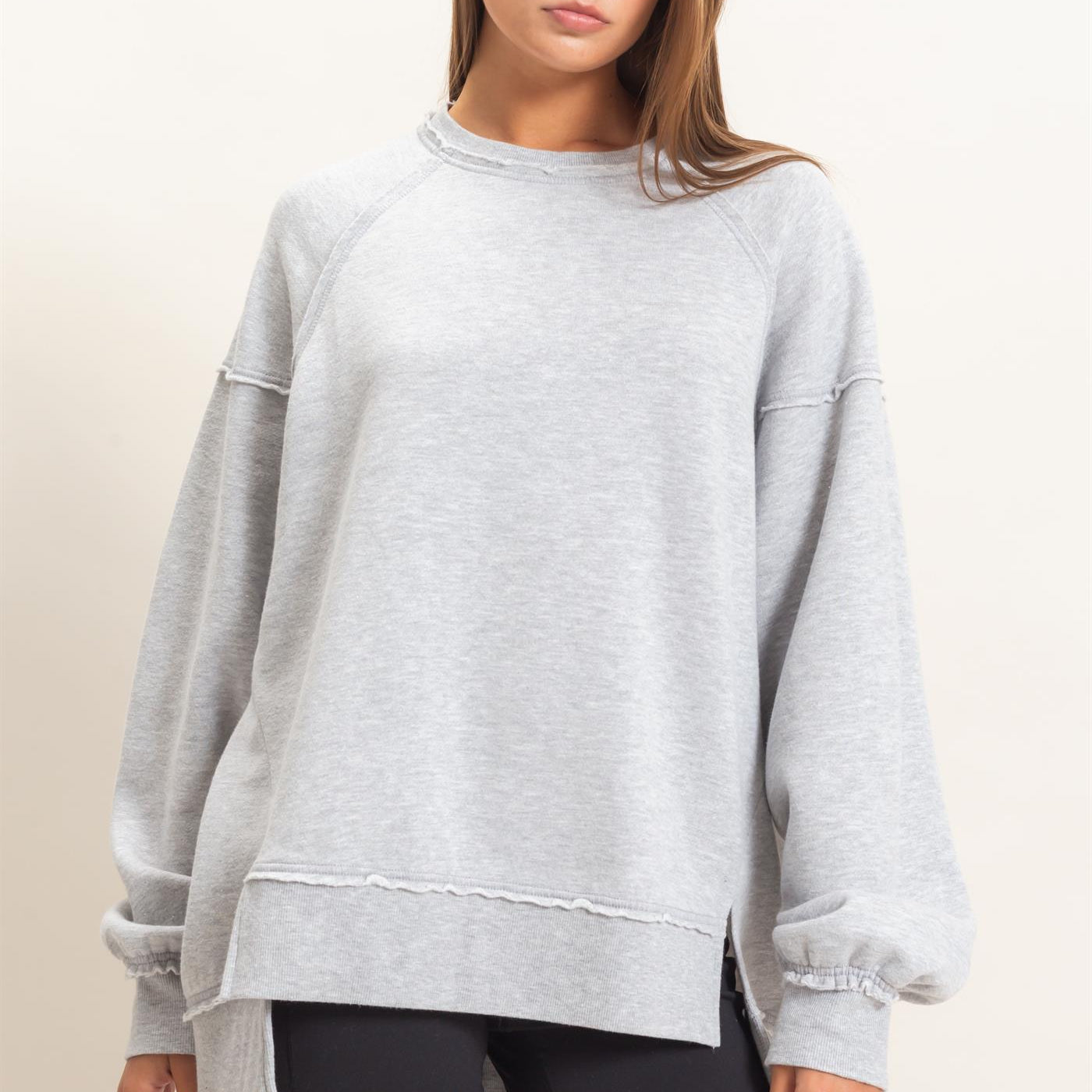 Wholesale Acid Wash Raw Edge Sweatshirt Sweatshirts DZ26C910 HEATHER GRAY DOUBLE ZERO