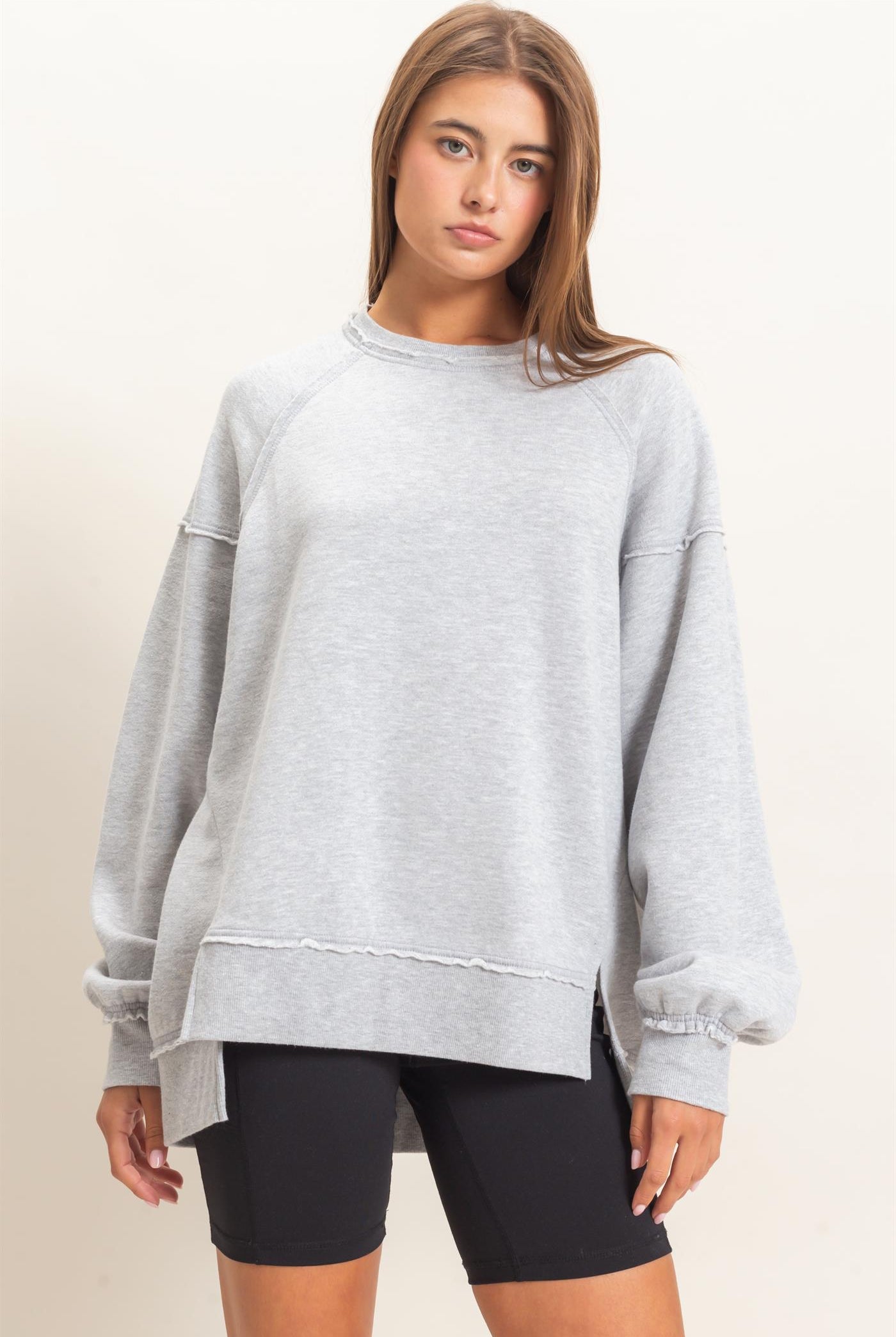 Wholesale Acid Wash Raw Edge Sweatshirt Sweatshirts DZ26C910 HEATHER GRAY DOUBLE ZERO