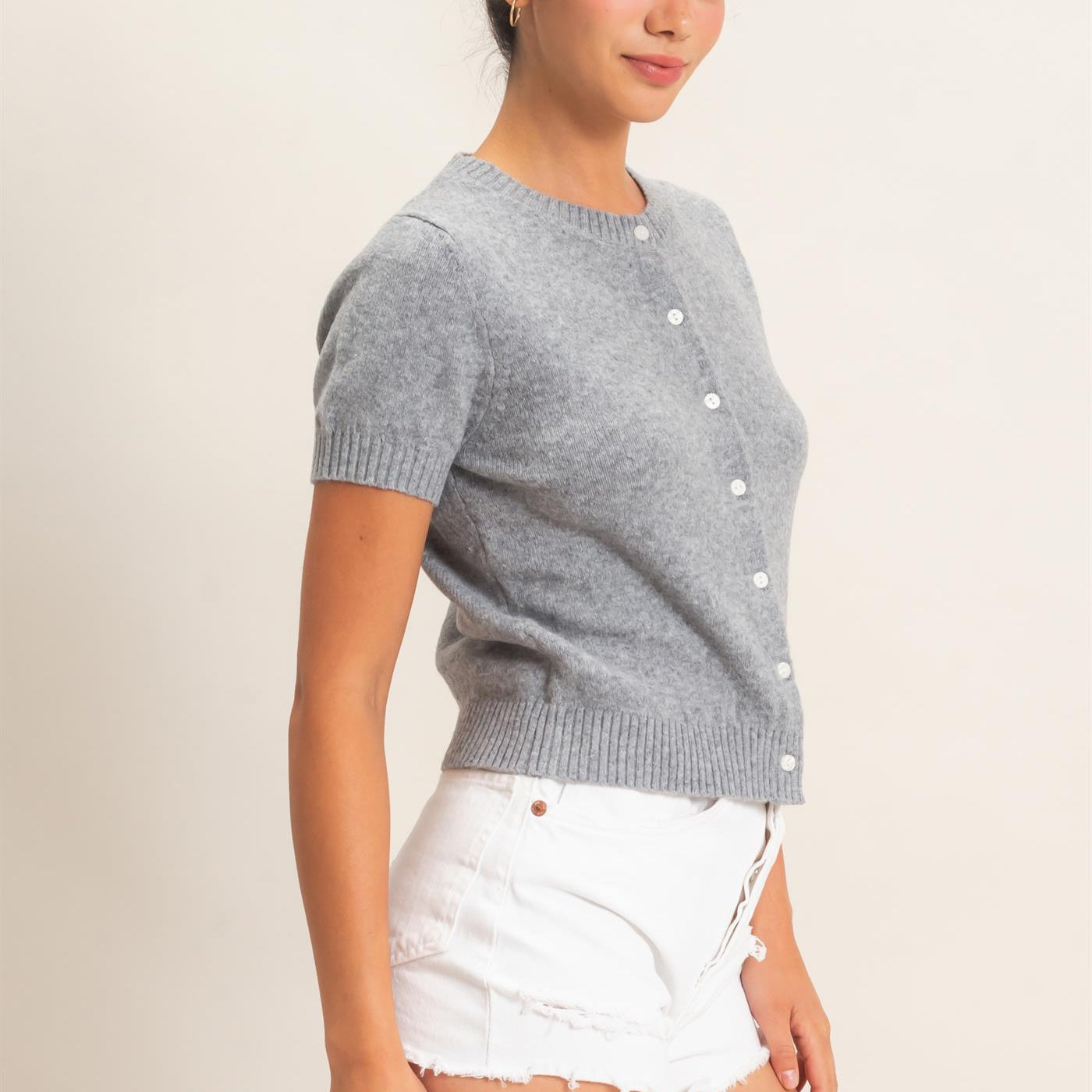 Wholesale Crew Neck Short Sleeve Cardigan Cardigans DZ26E108 HEATHER GRAY DOUBLE ZERO