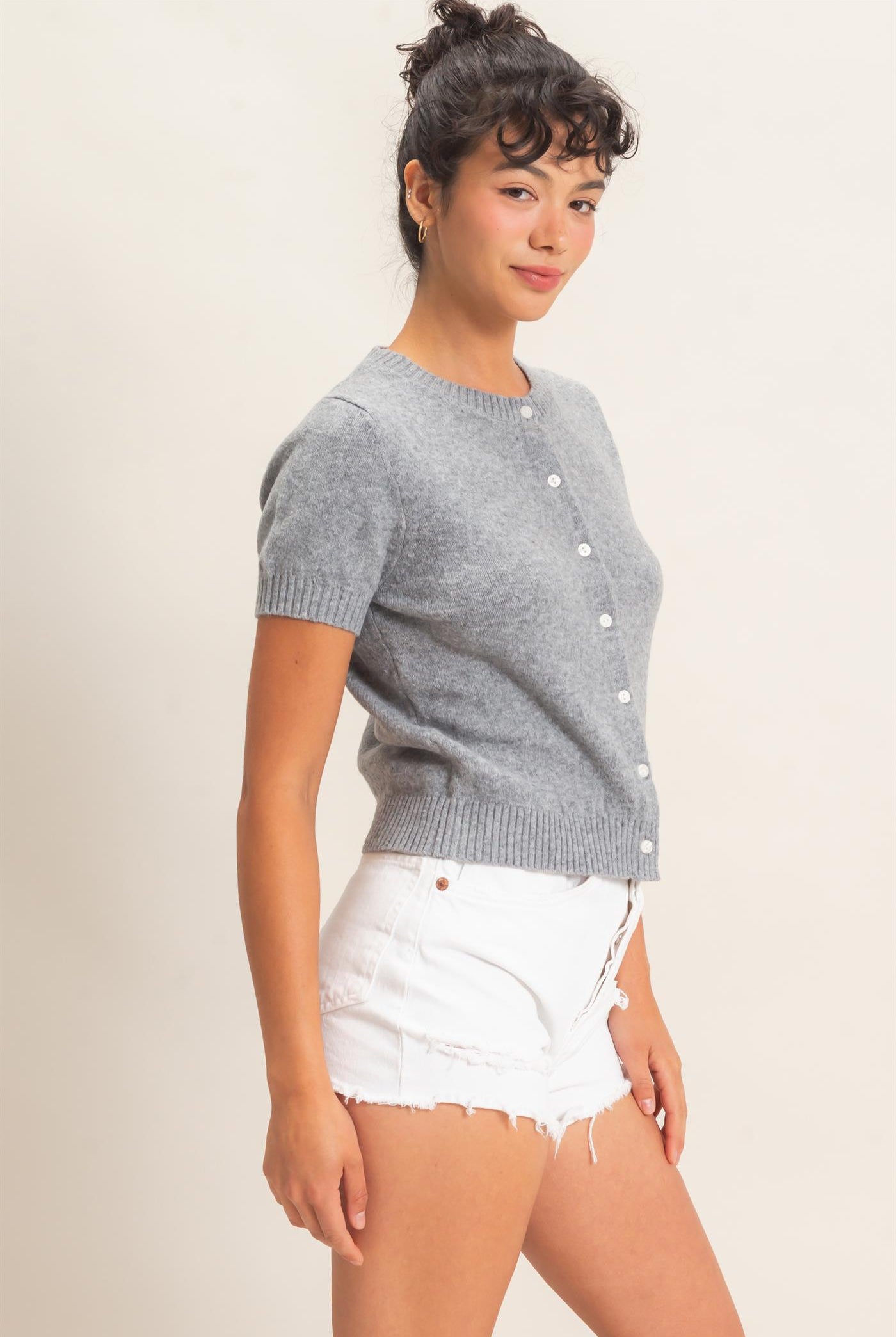 Wholesale Crew Neck Short Sleeve Cardigan Cardigans DZ26E108 HEATHER GRAY DOUBLE ZERO
