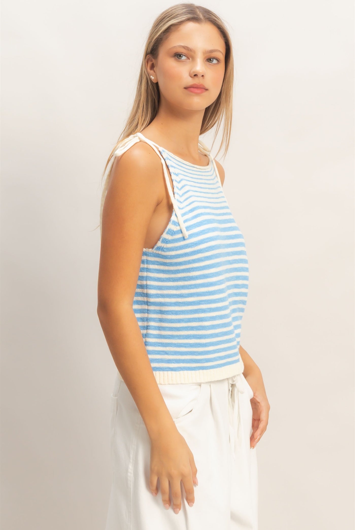 Wholesale Striped Knit Tie-Strap Tank Sweaters HF26A184 SKY BLUE HYFVE