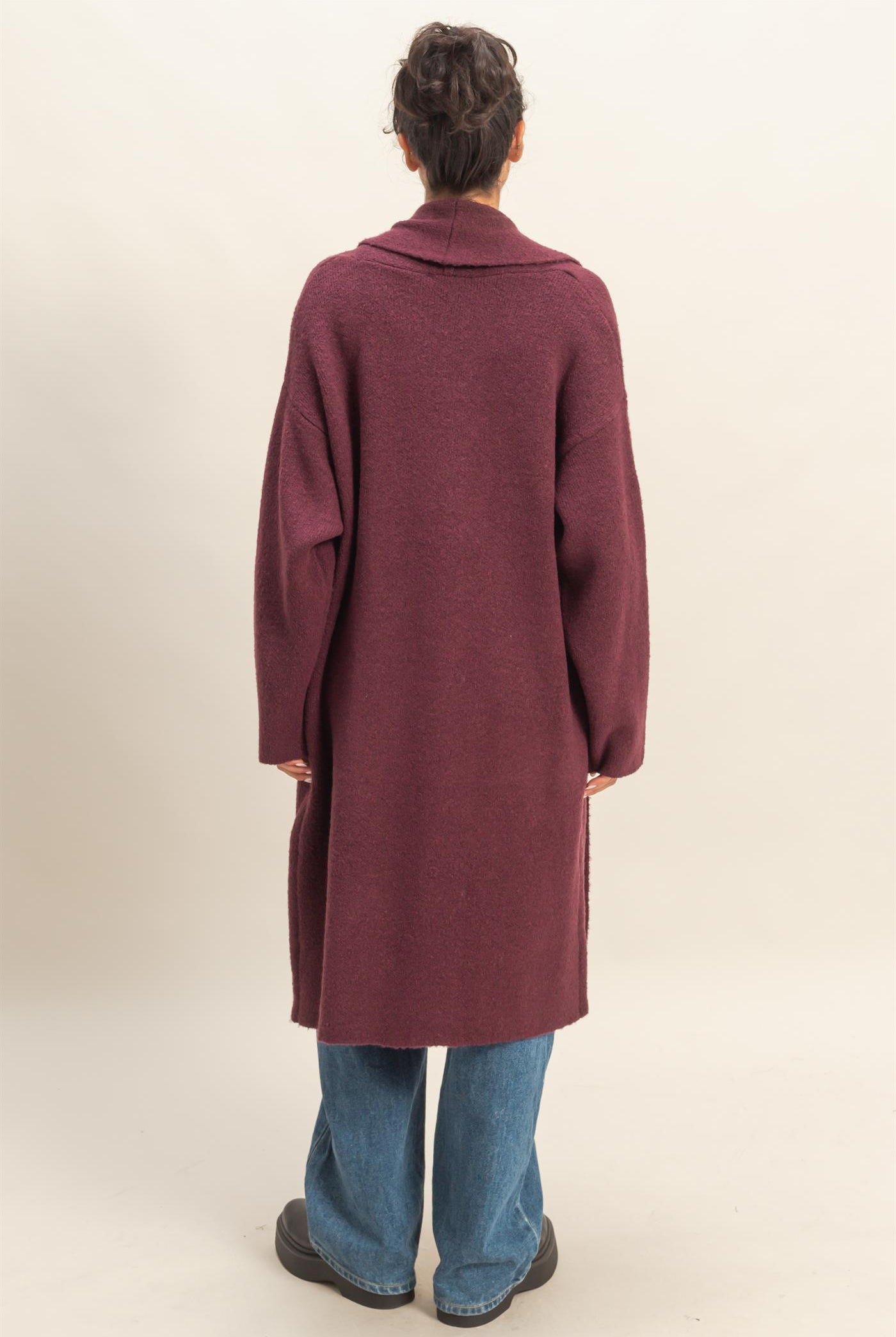 Wholesale Longline Open Front Duster Sweater Cardigans DZ25F435 DARK CHERRY DOUBLE ZERO