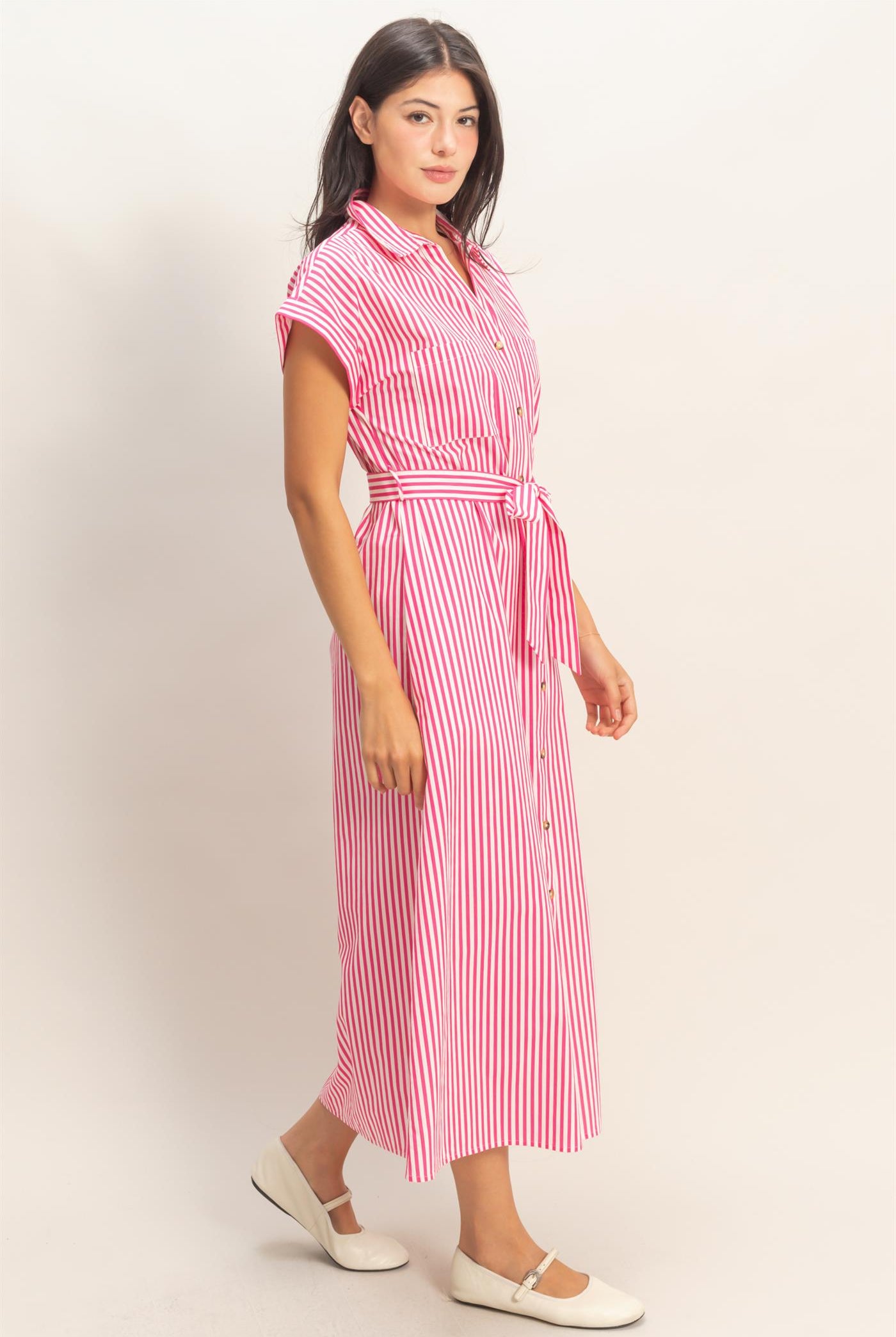 Wholesale Striped Poplin Belted Shirt Dress With Pockets Dresses DZ26C129 PINK DOUBLE ZERO