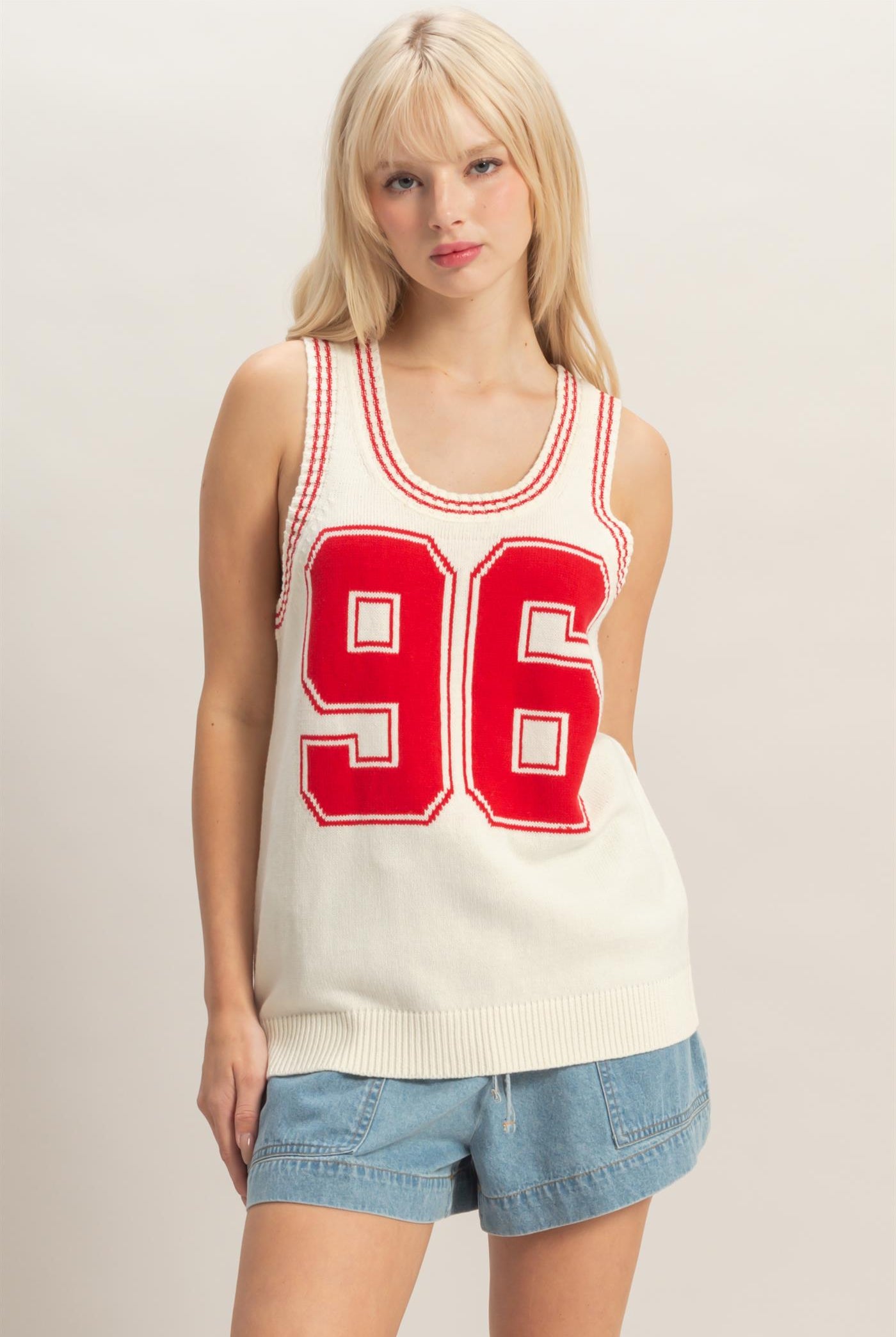 Wholesale Number Graphic Knit Tank Top Tank Tops DZ26A821 RED DOUBLE ZERO