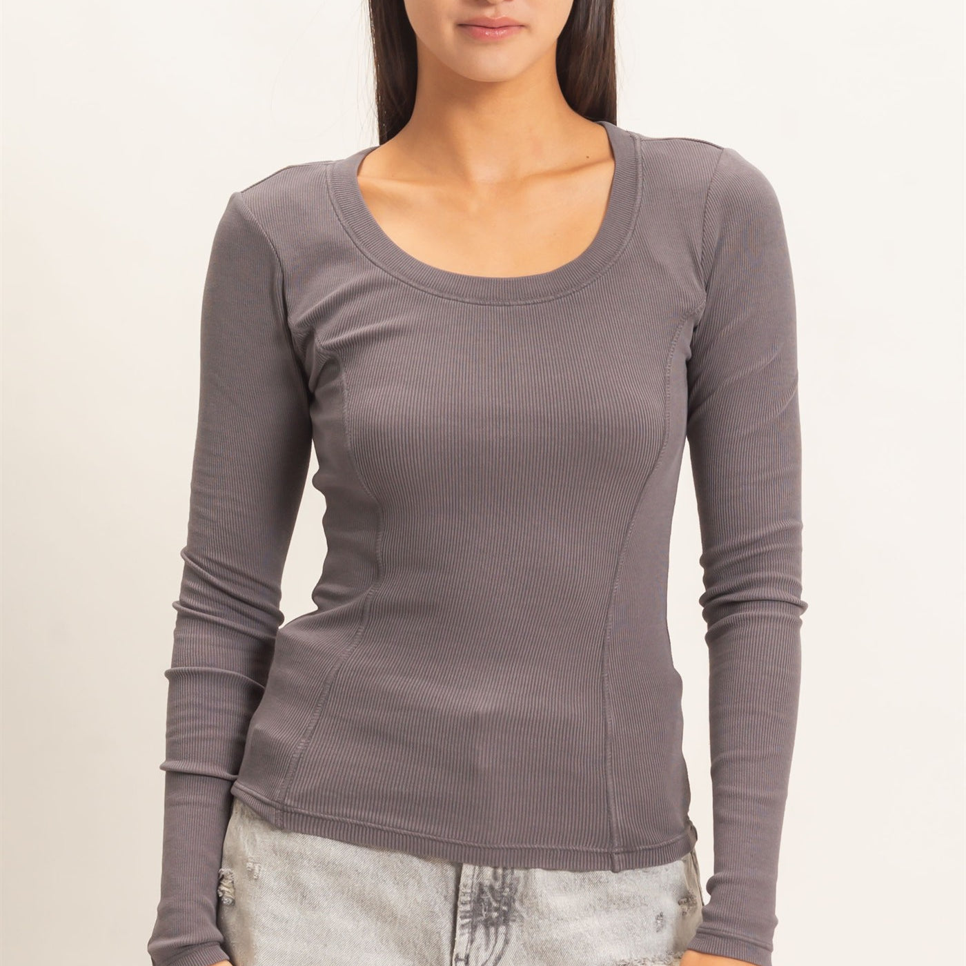 Wholesale Pigment Dye Seam Detail Scoop Neck Top Clothing Tops DZ26E242 CHARCOAL DOUBLE ZERO
