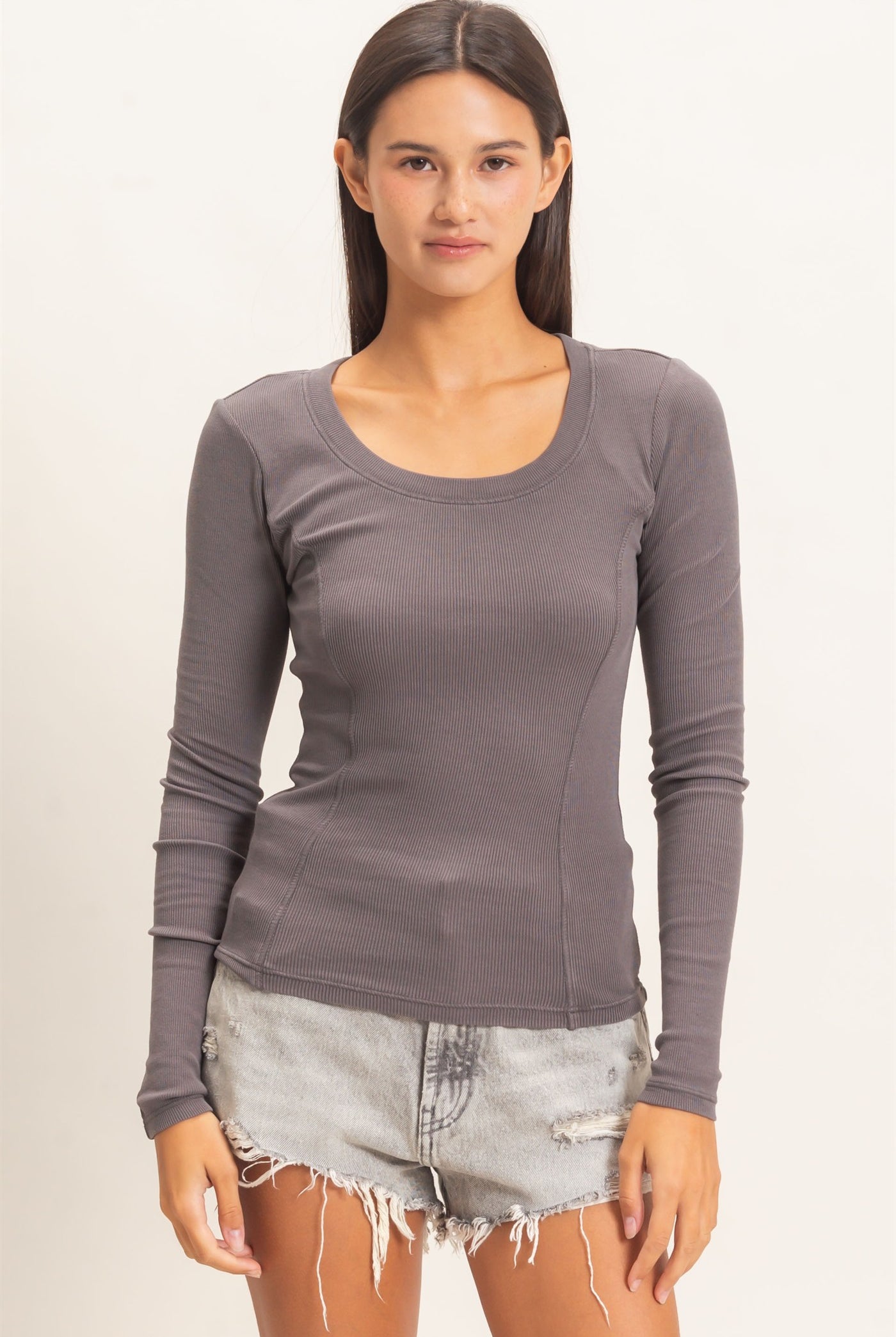 Wholesale Pigment Dye Seam Detail Scoop Neck Top Clothing Tops DZ26E242 CHARCOAL DOUBLE ZERO