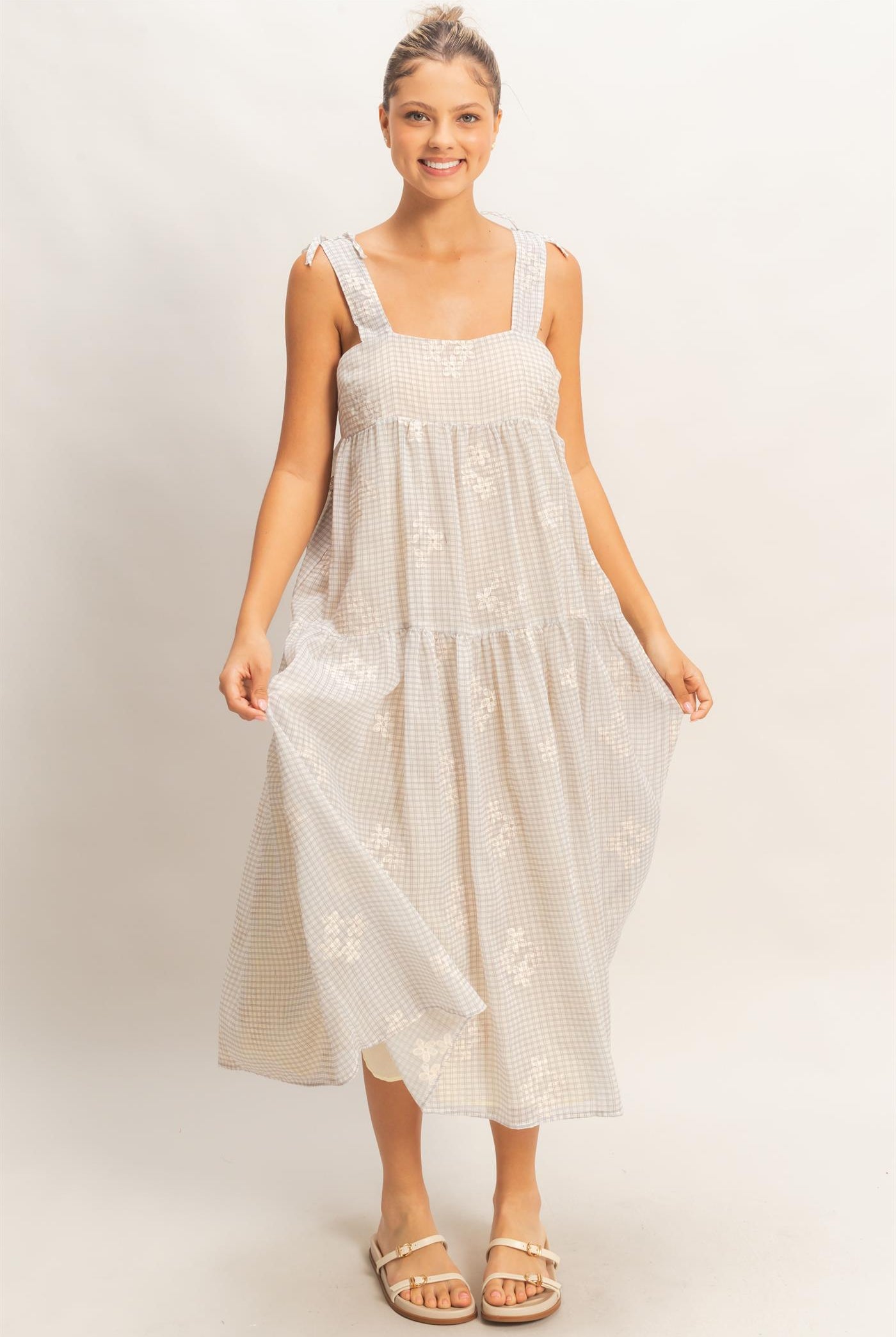 Wholesale Tiered Gingham Dress With Embroidery Dresses HF26A695 DARK MAUVE HYFVE