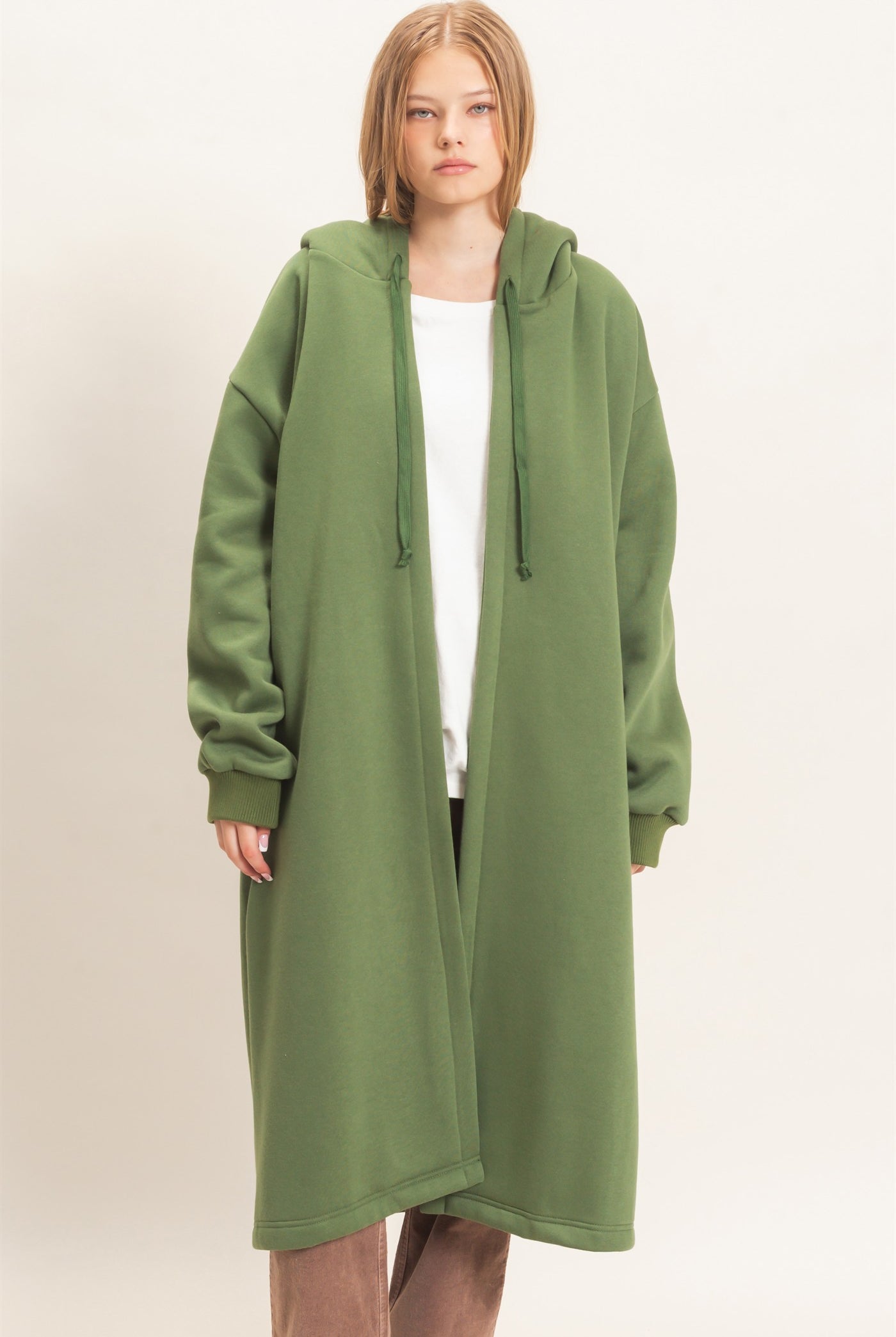 Wholesale Oversized Hooded Open Front Coat Coats & Jackets HF26F142-D OLIVE HYFVE